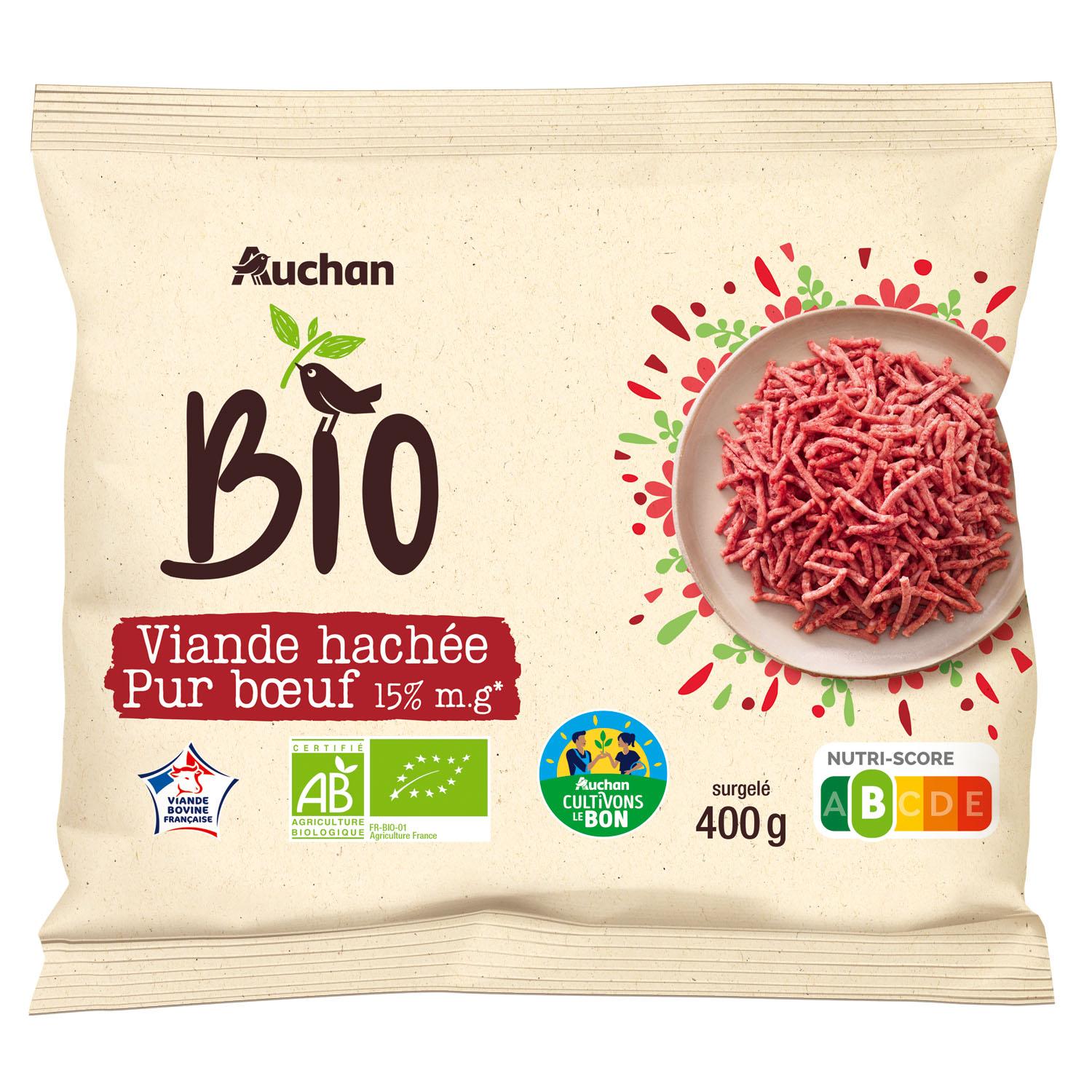 Voir la diapositive 3 : AUCHAN BIO CULTIVONS LE BON Viande hachée pur bœuf 15% mg 400g