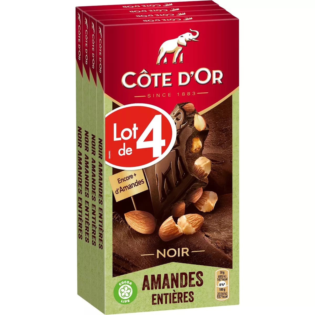 COTE D'OR Tablette de chocolat noir aux amandes entières 4 pièces 4x180g