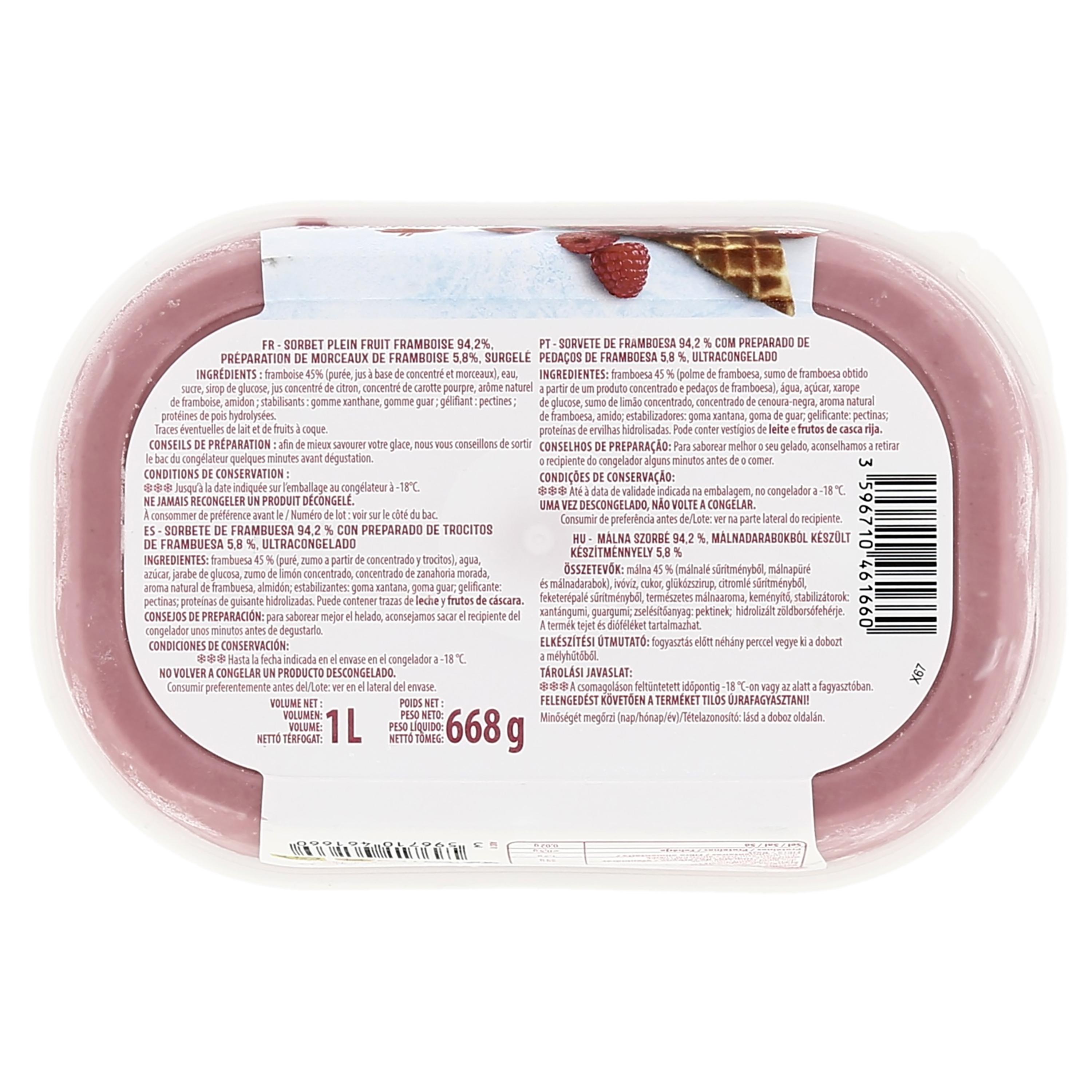 Voir la diapositive 2 : AUCHAN Sorbet framboise avec morceaux 668g