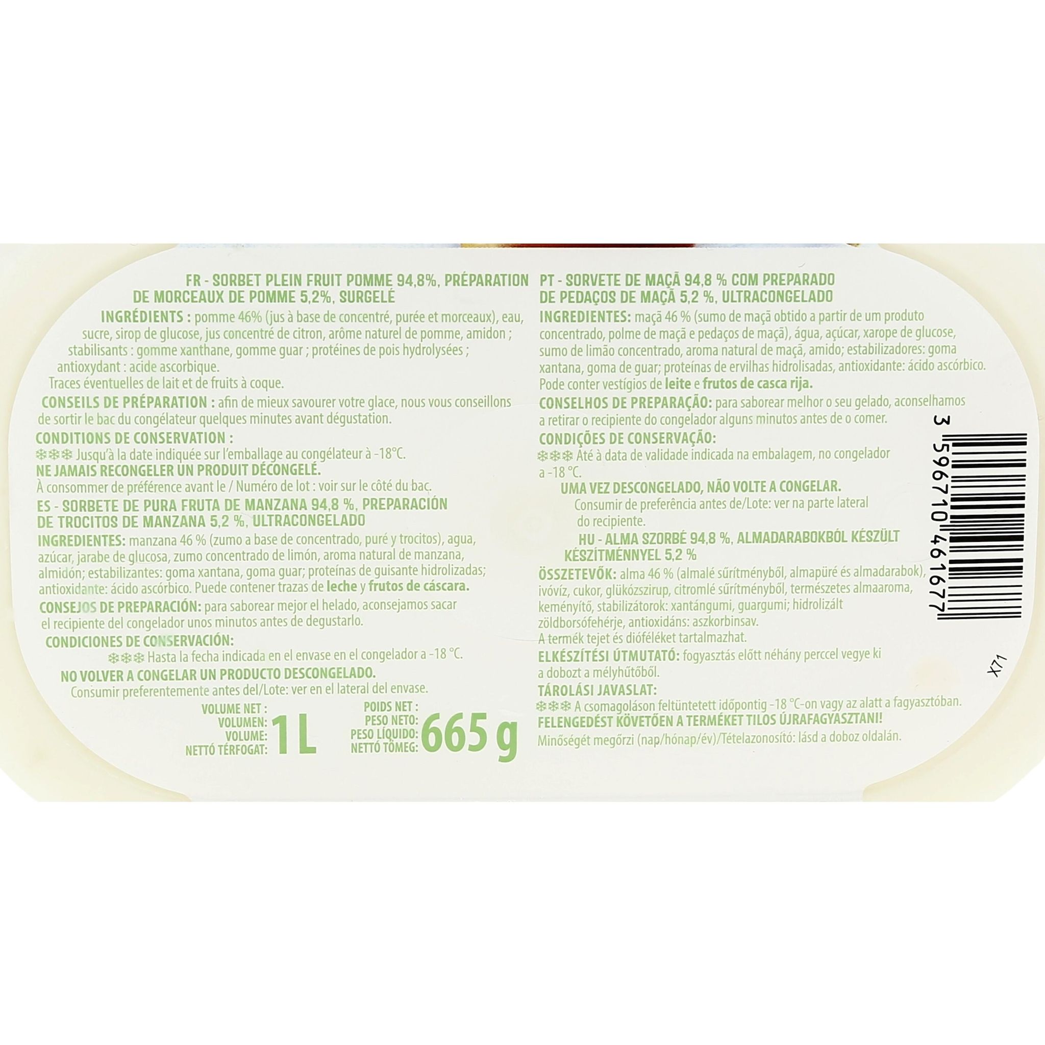 Voir la diapositive 3 : AUCHAN Sorbet pomme avec morceaux 665g