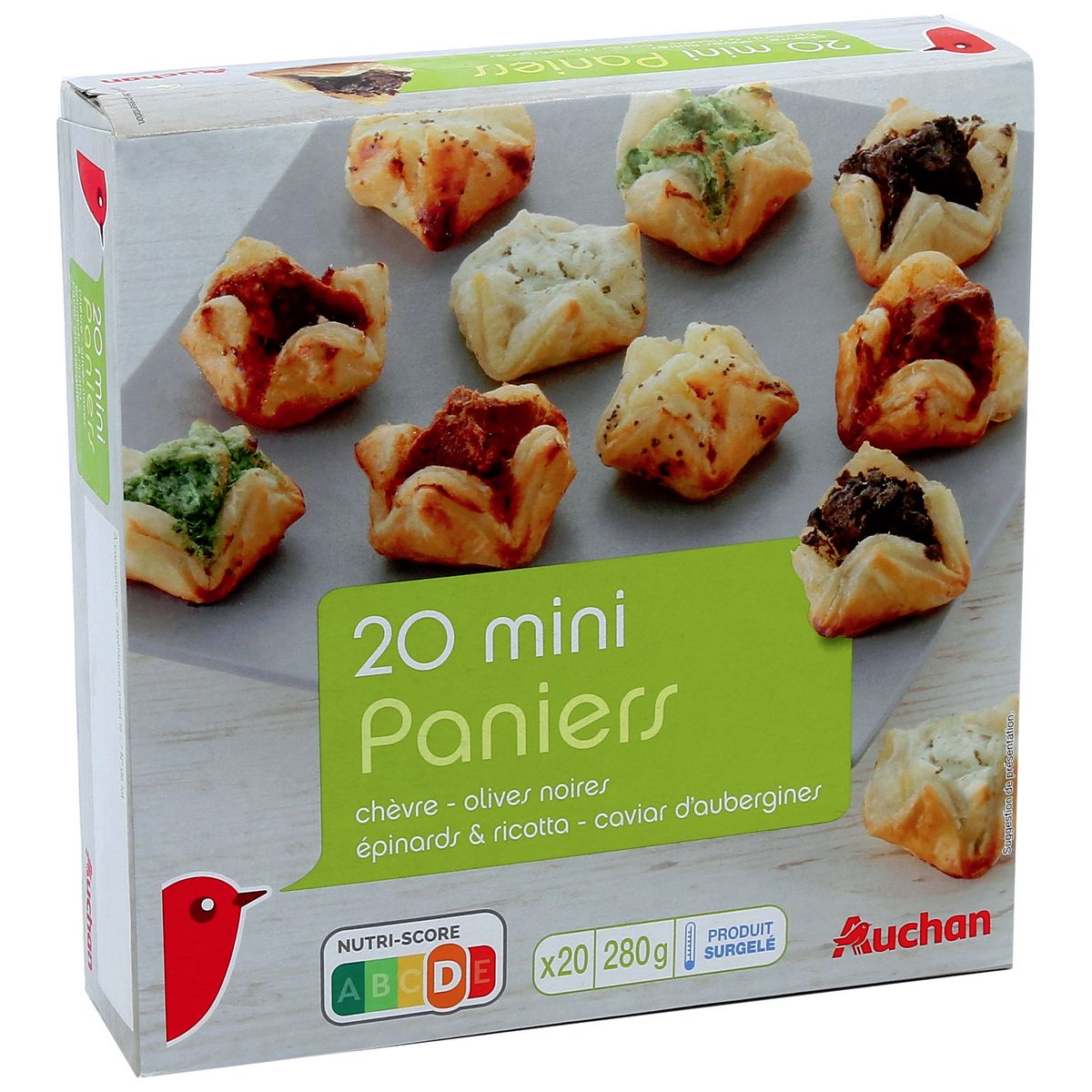 AUCHAN Mini panier garni chèvre - olives - épinard ricotta - caviar d'aubergine 20 pièces 280g