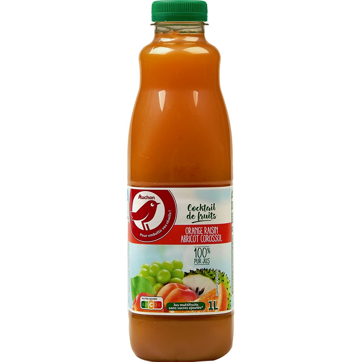 AUCHAN Pur jus orange raisin abricot corossol 1l