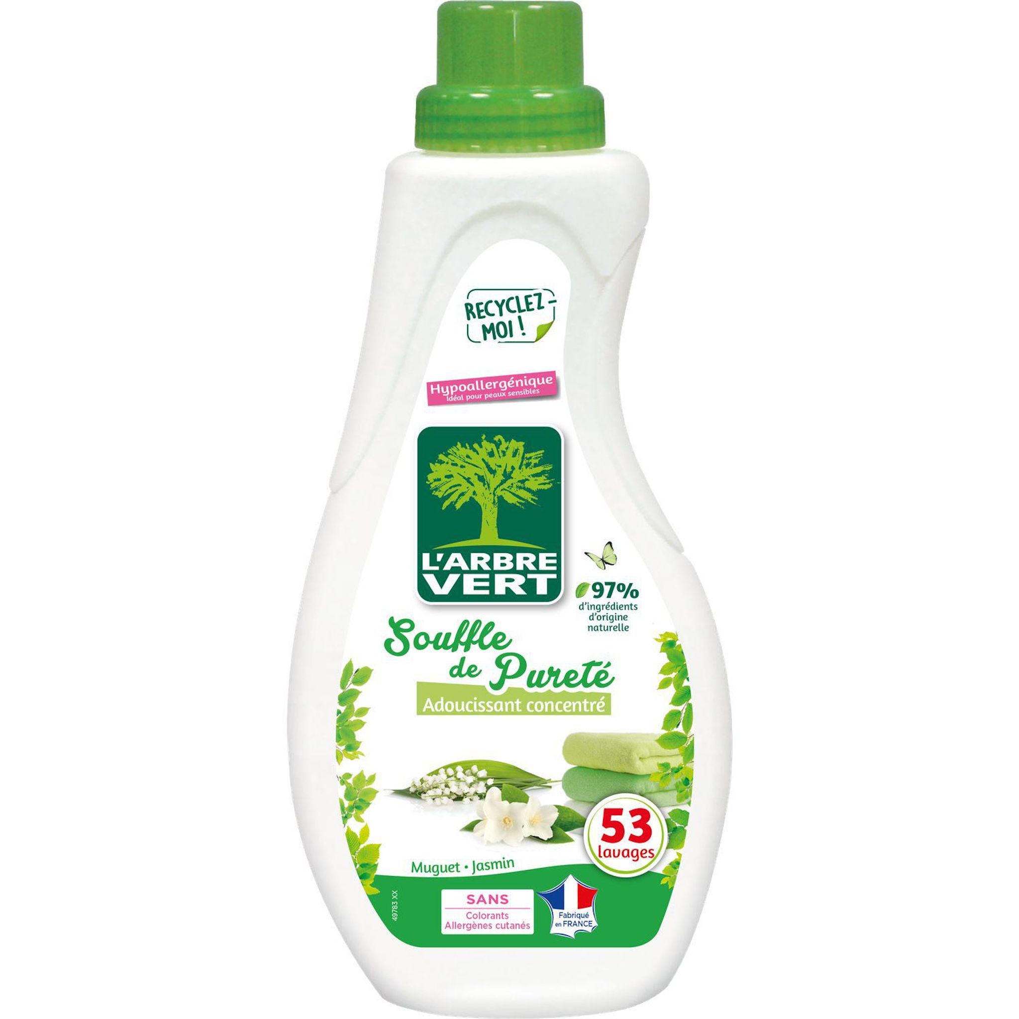 Voir la diapositive 2 : L'ARBRE VERT Adoucissant liquide concentré Muguet jasmin 53 lavages 800ml