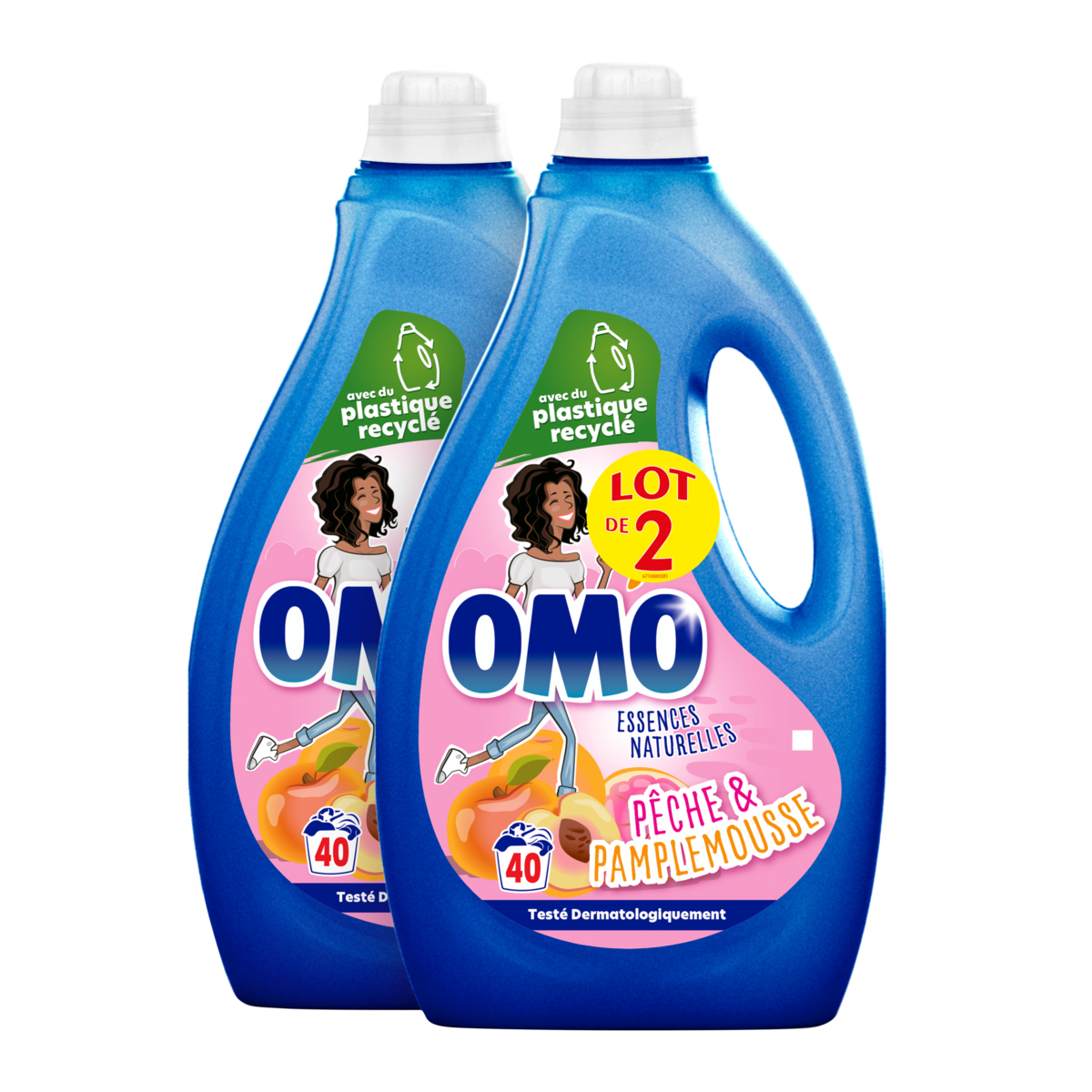 OMO Lessive liquide pêche & pamplemousse 80 lavages 2x2l