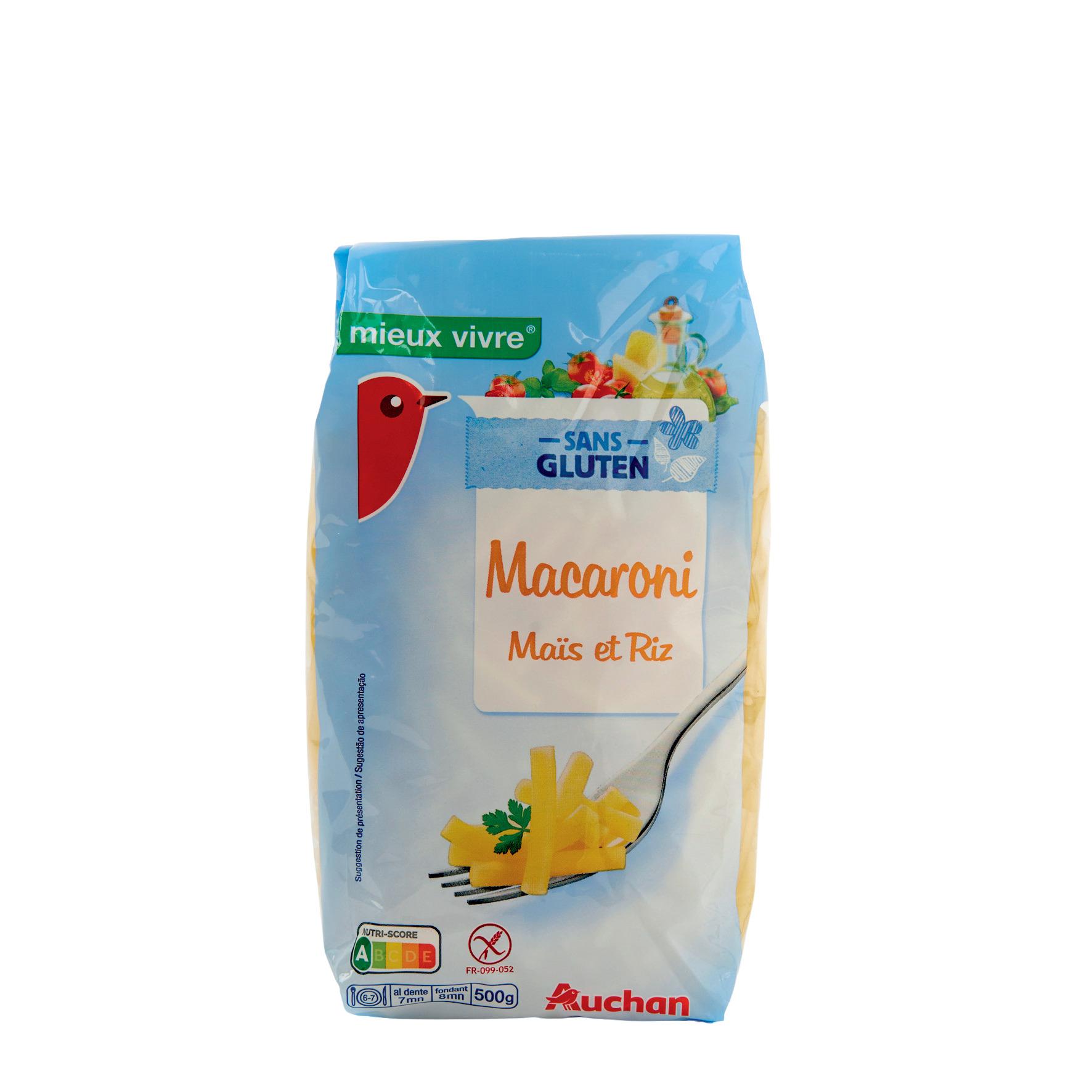 Voir la diapositive 2 : AUCHAN Macaroni de maïs et riz sans gluten 500g