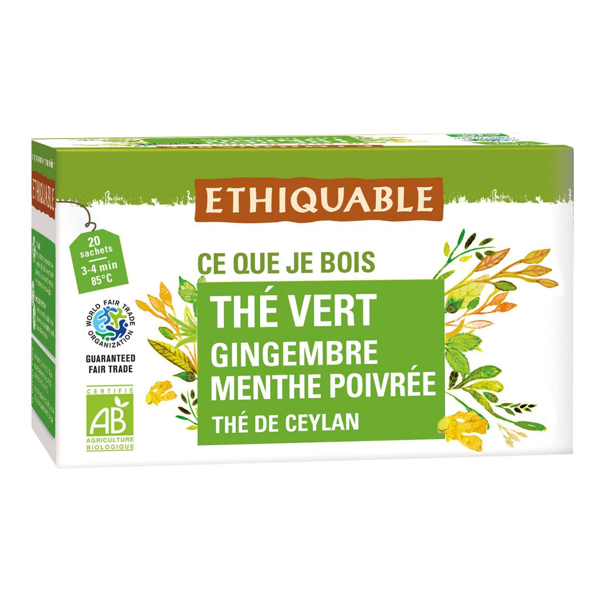 ETHIQUABLE Thé Vert au gingembre et menthe poivrée bio 20 sachets 36g