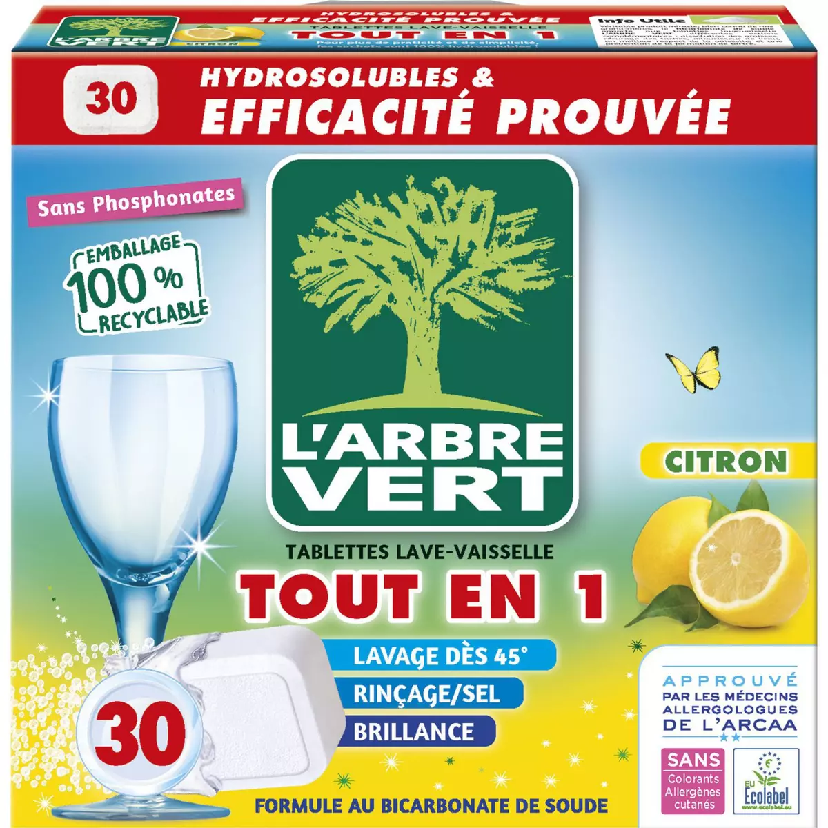 L'ARBRE VERT Tablettes lave-vaisselle écologique tout-en-1 citron 30 tablettes