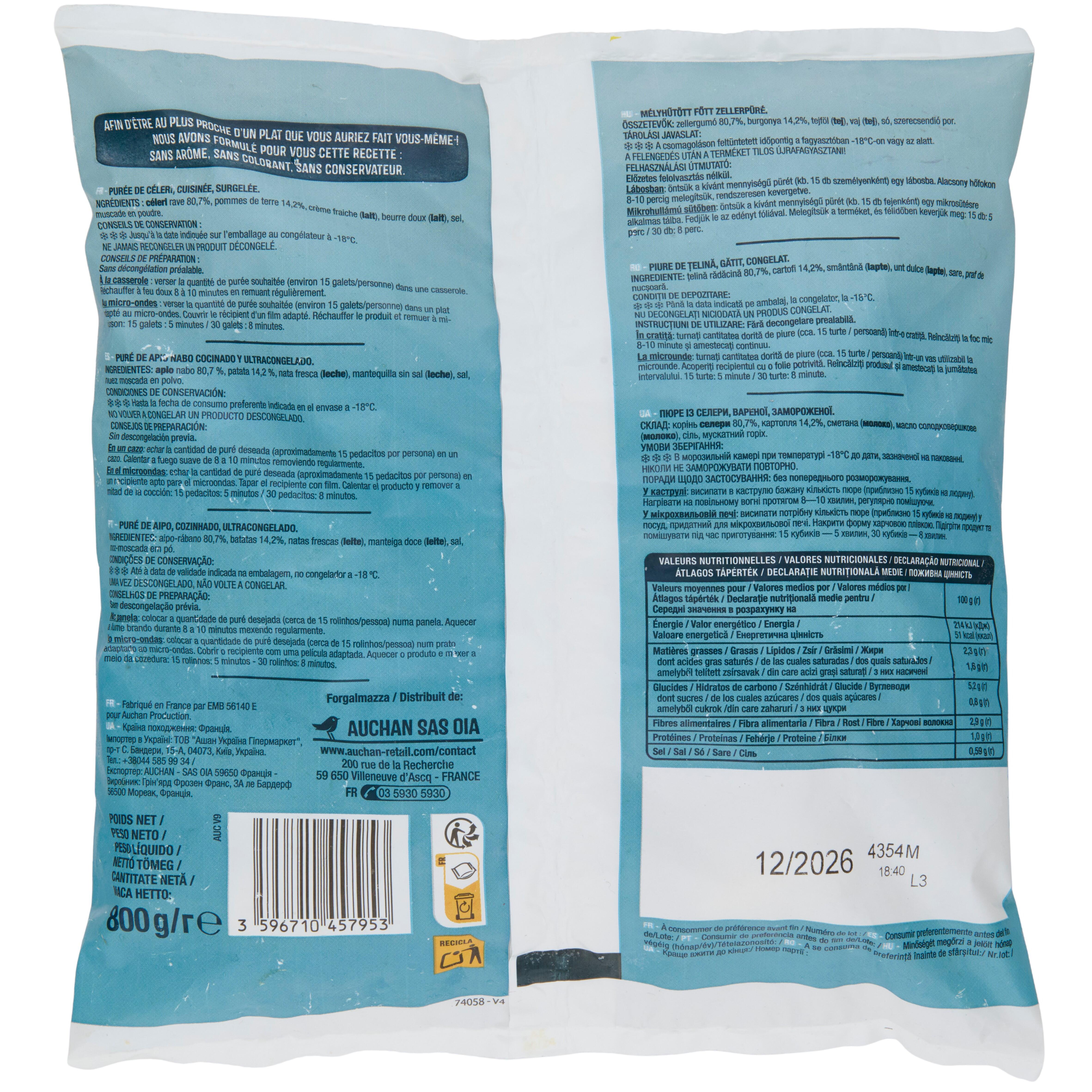 Voir la diapositive 2 : AUCHAN Purée de céleri 4 portions 800g