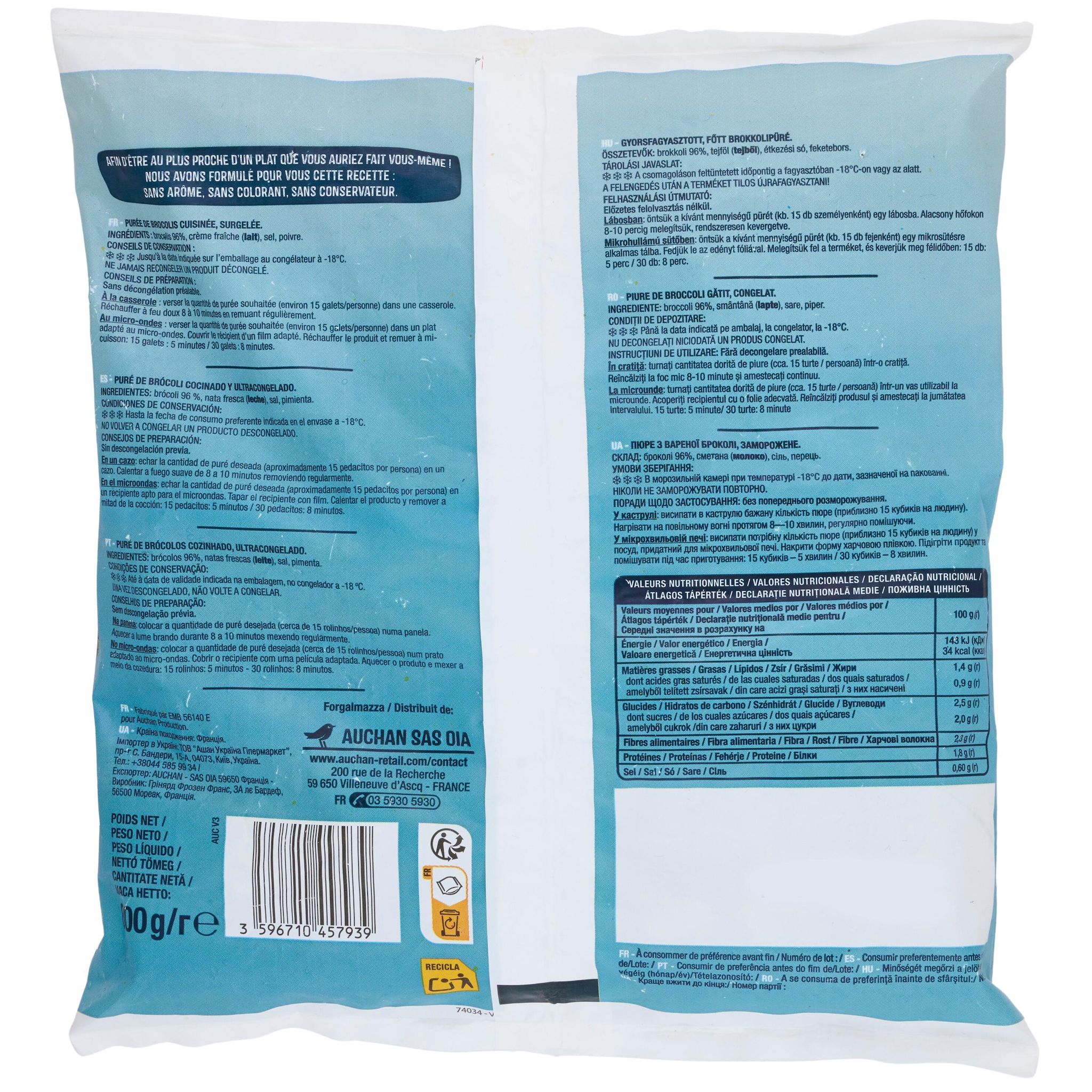 Voir la diapositive 2 : AUCHAN Purée de brocolis 4 portions 800g