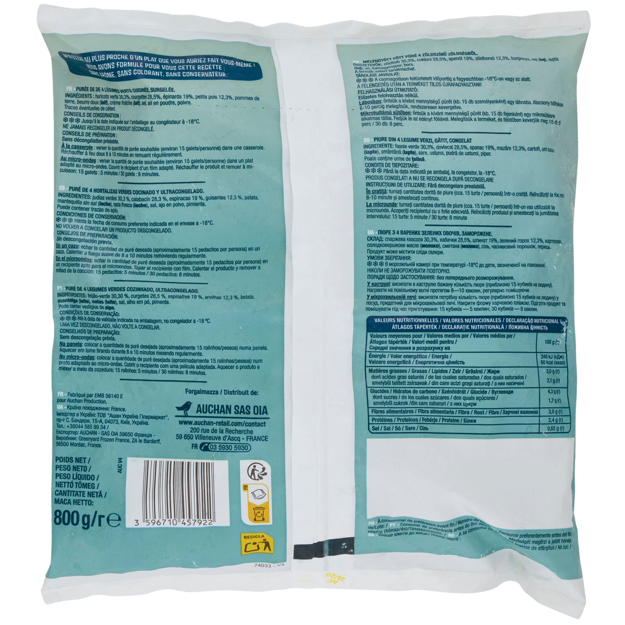 Voir la diapositive 2 : AUCHAN Purée aux 4 légumes verts 4 portions 800g