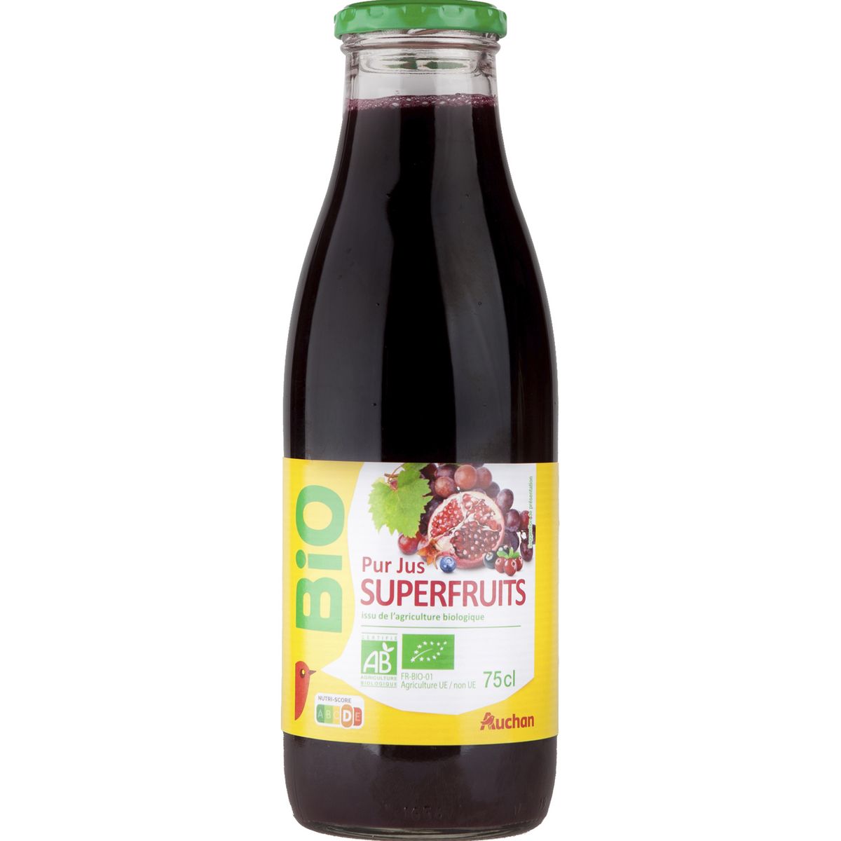 AUCHAN BIO Pur jus de super fruits bouteille verre 75cl