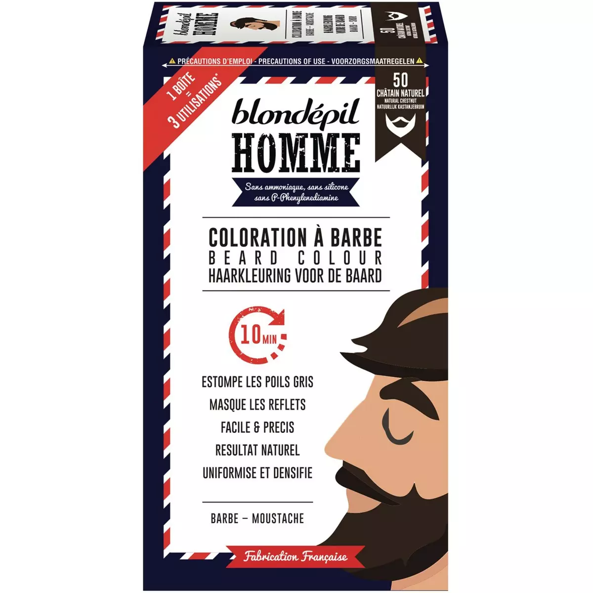 BLONDEPIL HOMME Coloration pour barbe et moustache 50 châtain naturel 3 utilisations 1 boite