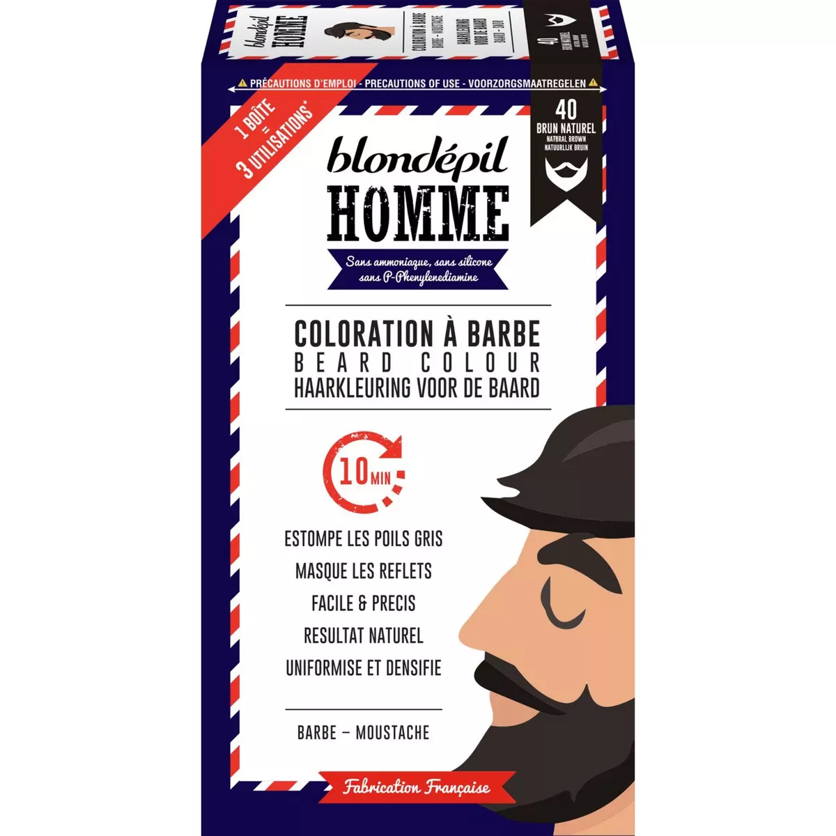 BLONDEPIL HOMME Coloration pour barbe et moustache 40 brun naturel 3 utilisations 1 boite