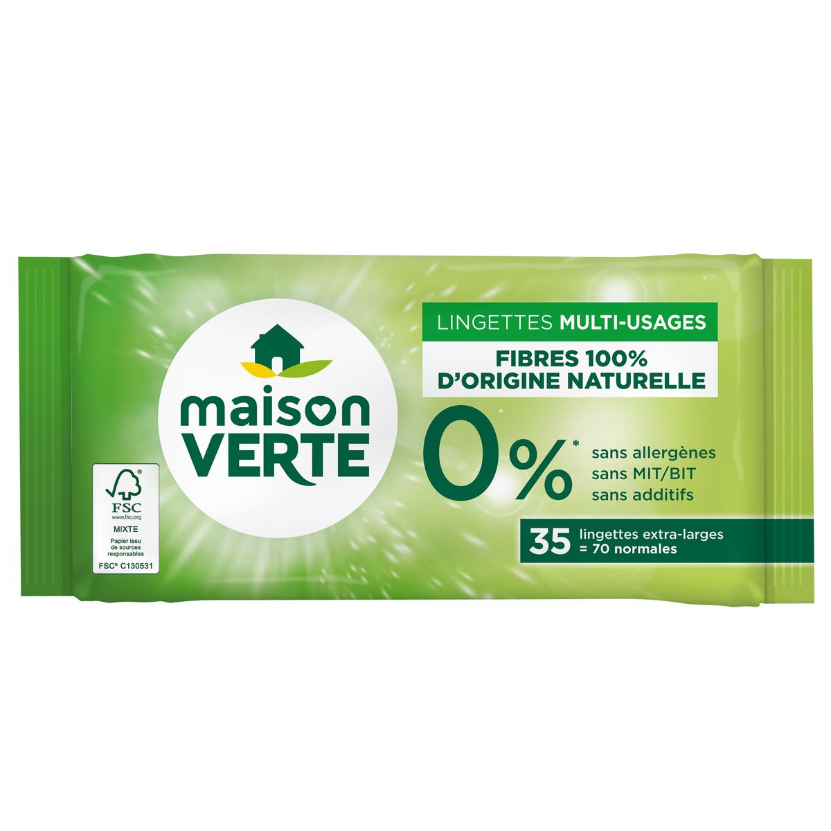 MAISON VERTE Lingettes multi-usages fibres 100% d'origine naturelle 70 lingettes