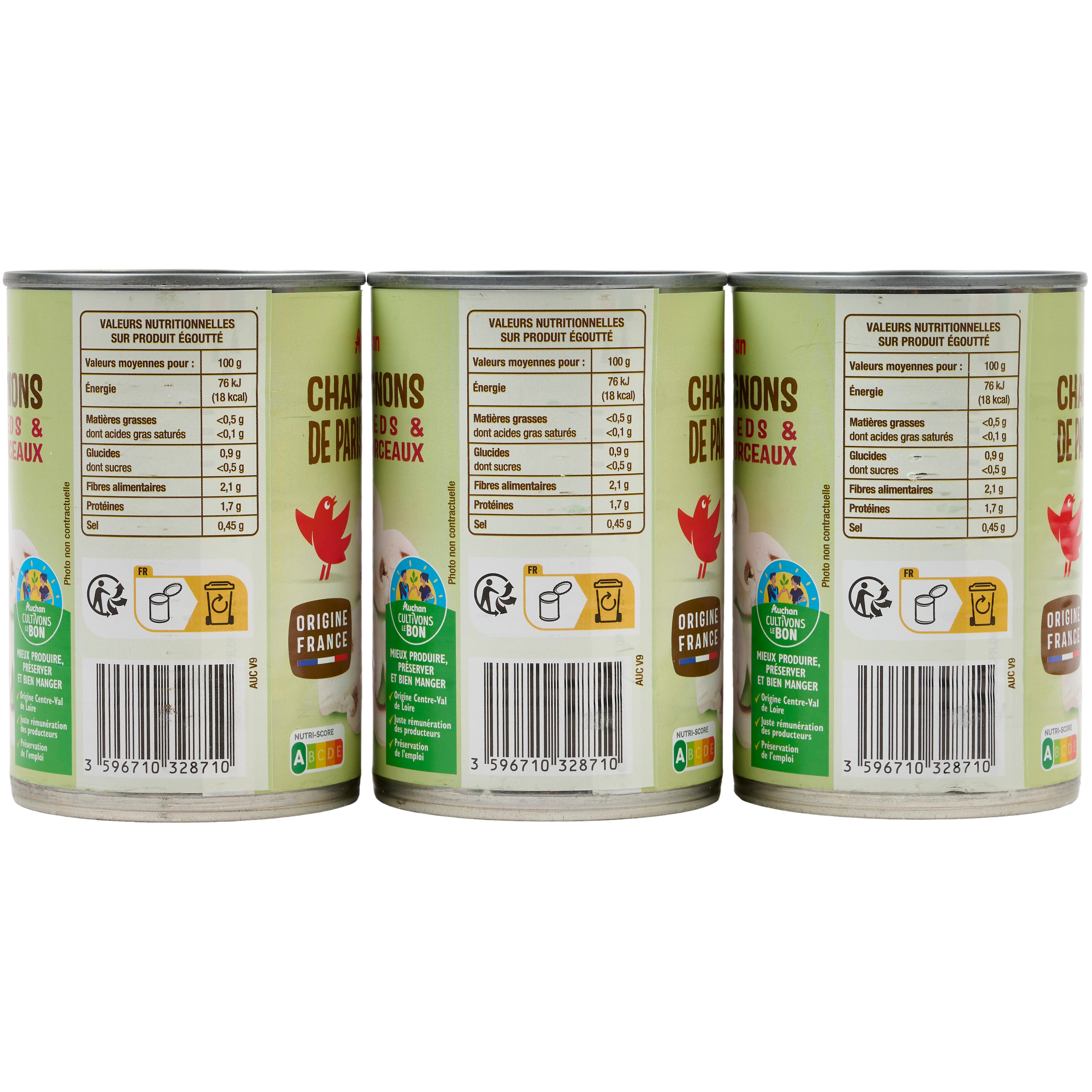 Voir la diapositive 2 : AUCHAN CULTIVONS LE BON Champignons de Paris pieds et morceaux 3x230g