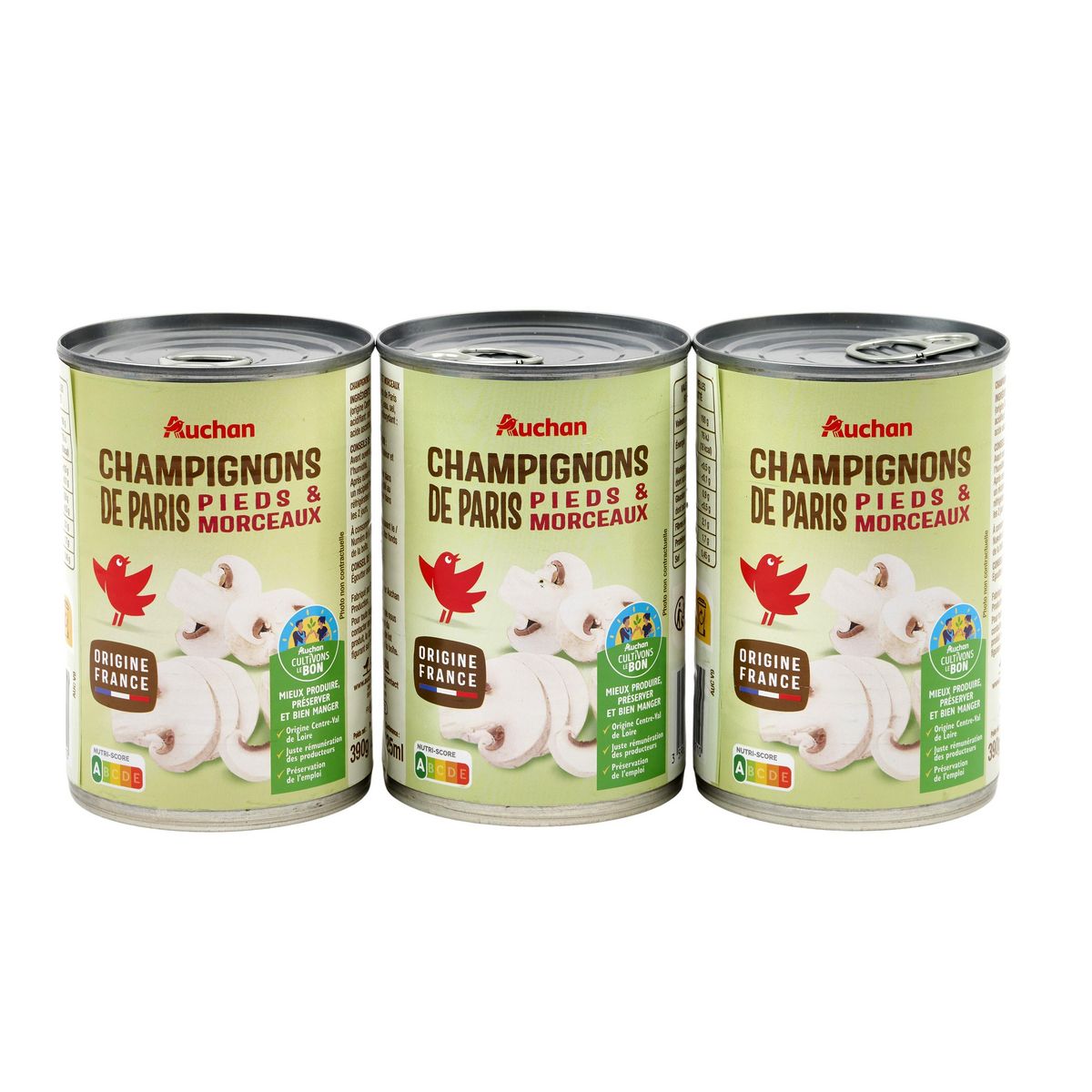 AUCHAN CULTIVONS LE BON Champignons de Paris pieds et morceaux 3x230g