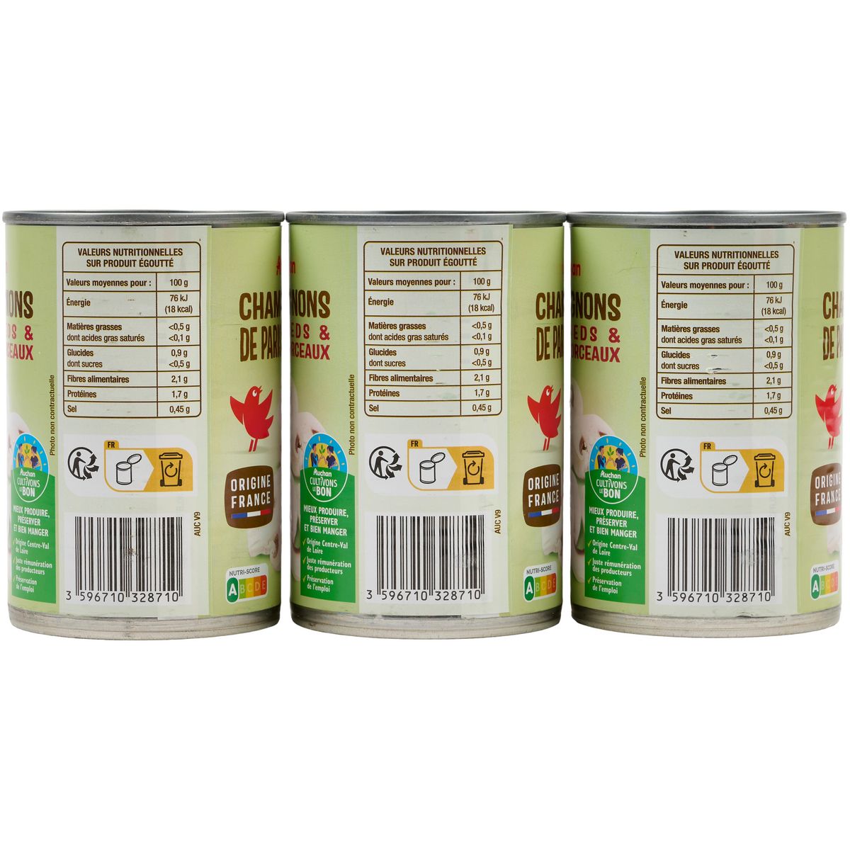 AUCHAN CULTIVONS LE BON Champignons de Paris pieds et morceaux 3x230g