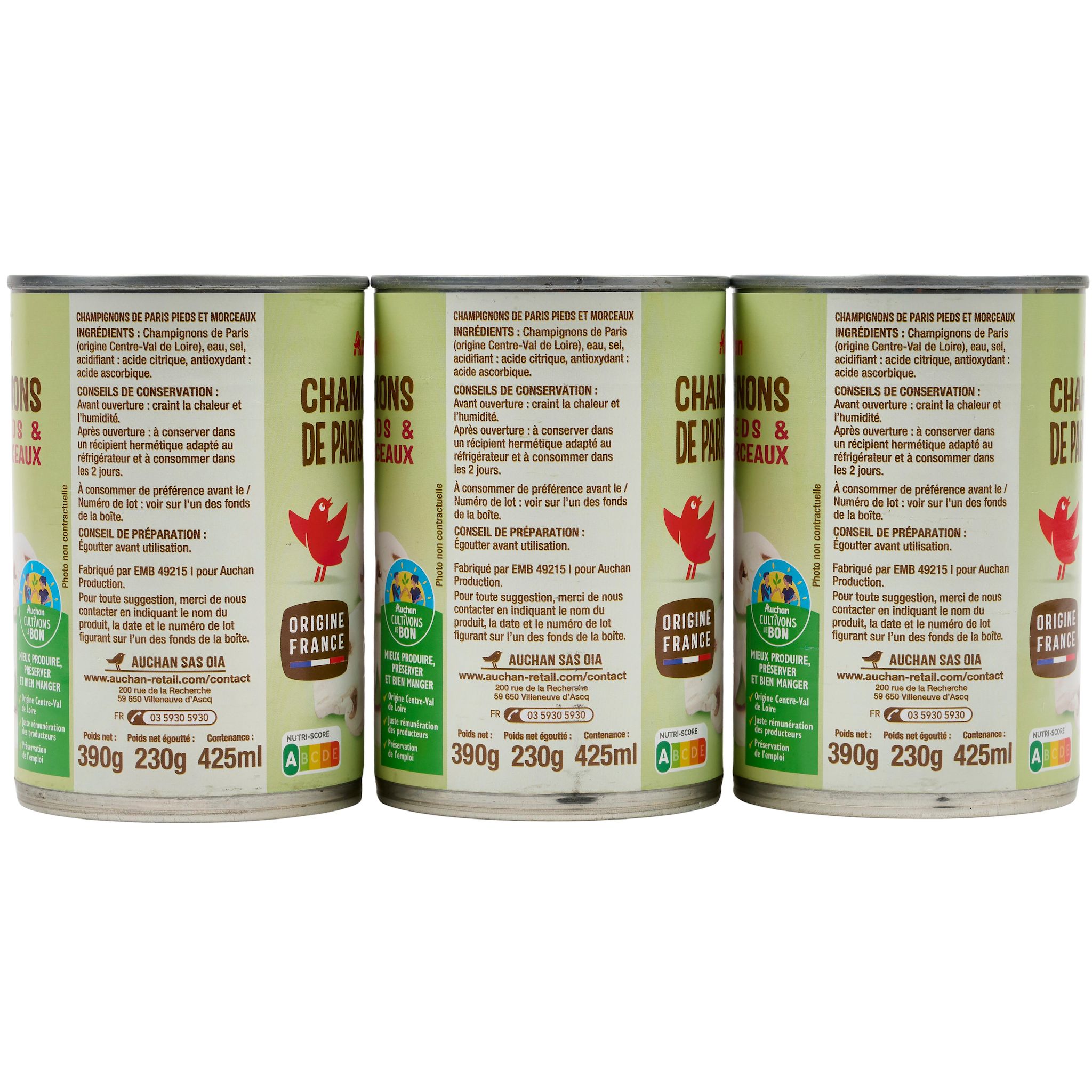 Voir la diapositive 5 : AUCHAN CULTIVONS LE BON Champignons de Paris pieds et morceaux 3x230g