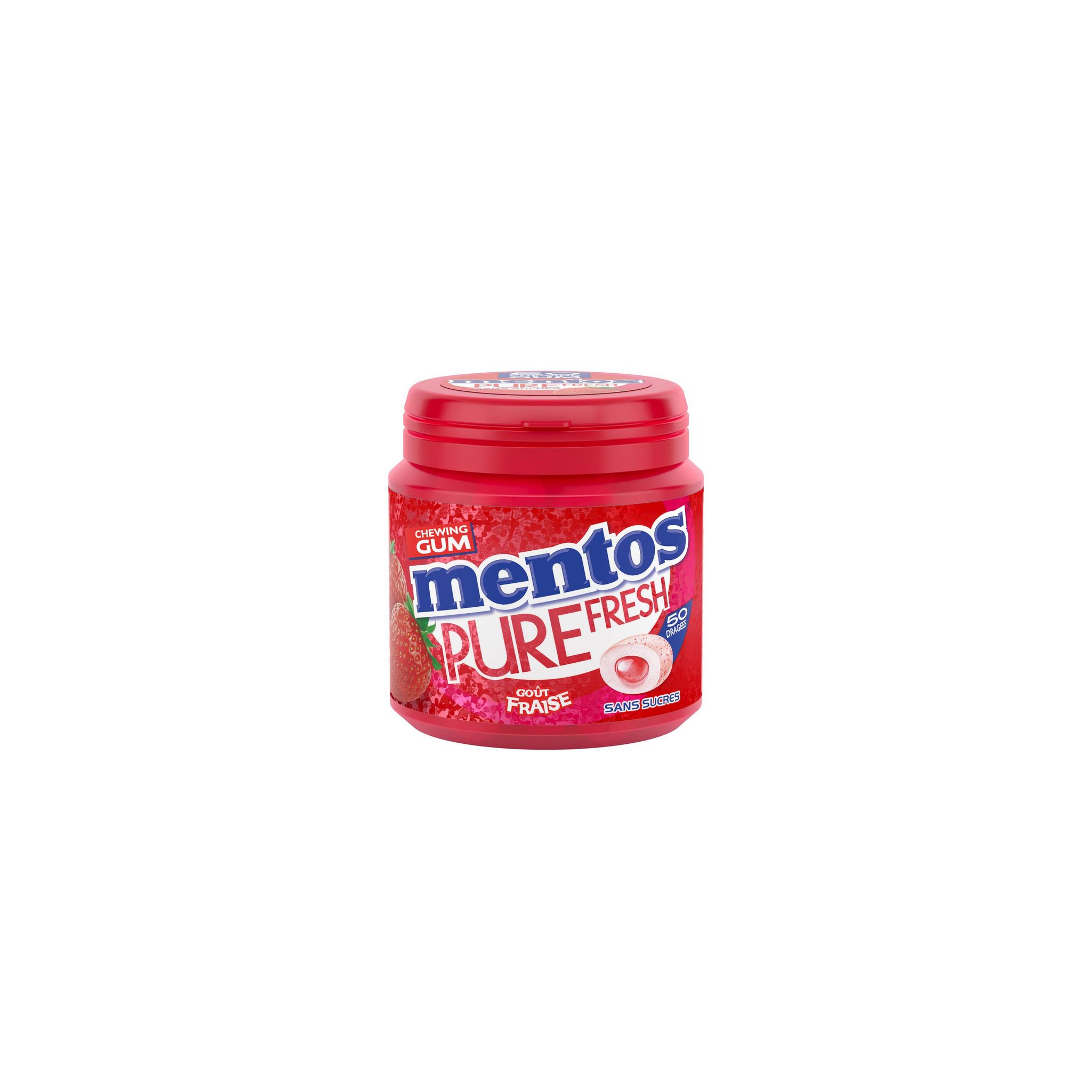 Voir la diapositive 2 : MENTOS Pure fresh chewing gum goût fraise sans sucres 50 dragées 100g