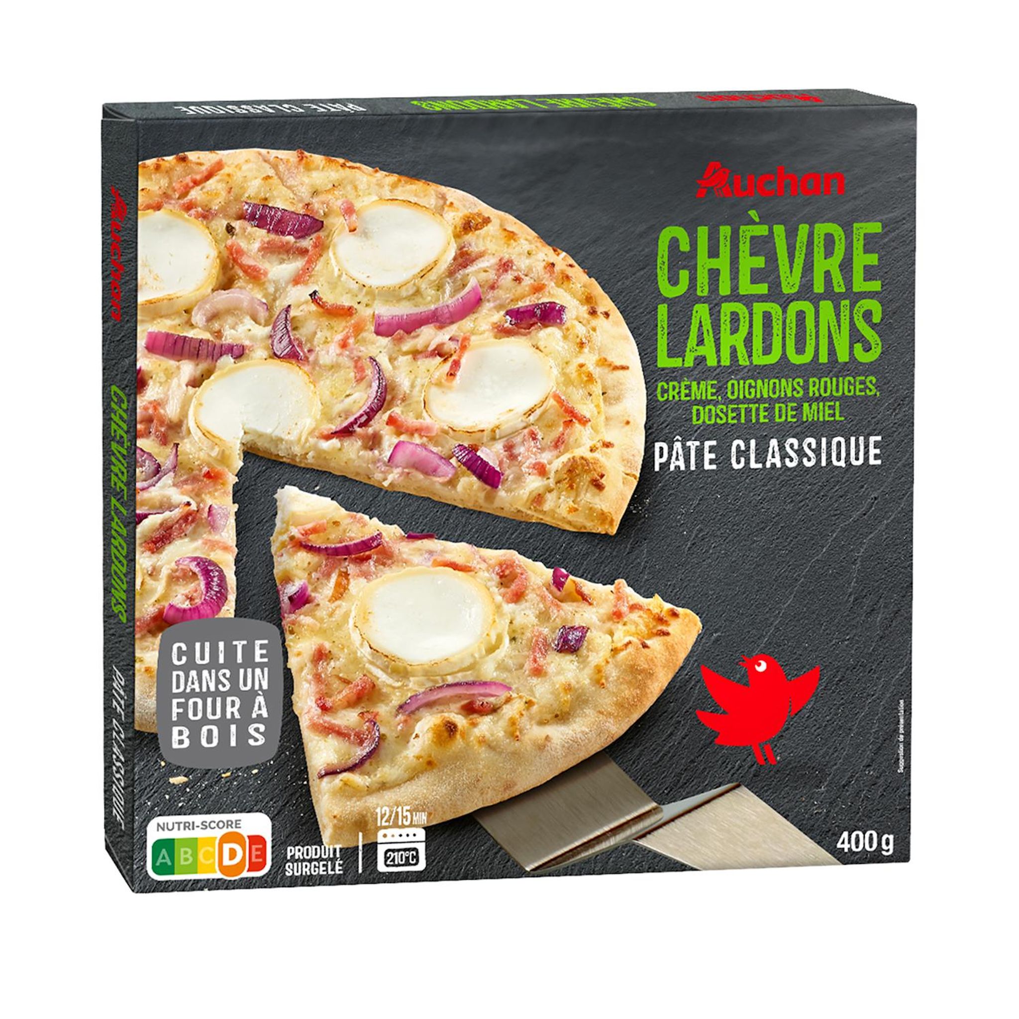 Voir la diapositive 2 : AUCHAN Pizza chèvre et lardons cuite au feu de bois 400g