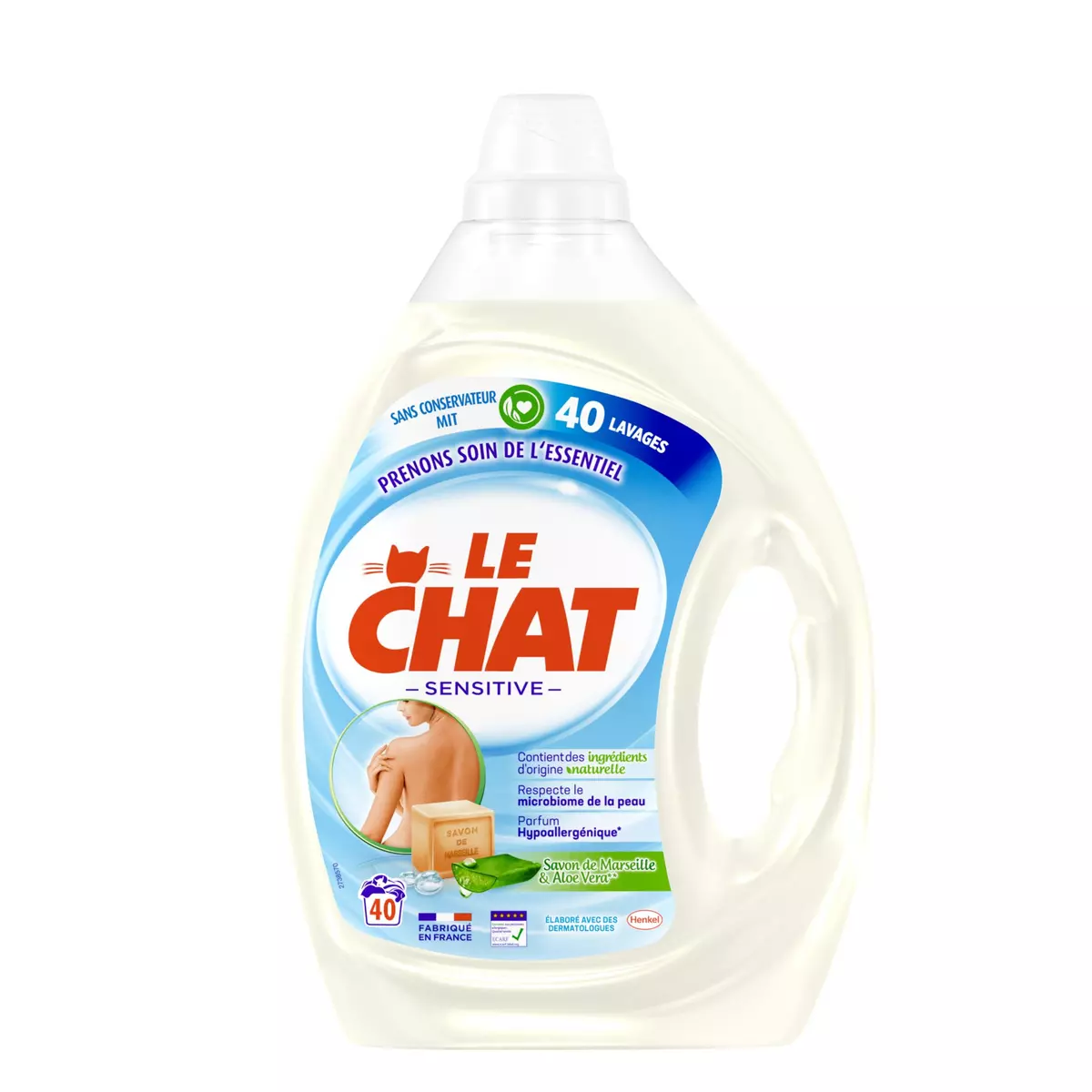 Le Chat Sensitive – 40 lavages (2L) – Lessive Liquide Hypoallergénique –  Savon de Marseille & Aloe Vera : : Epicerie