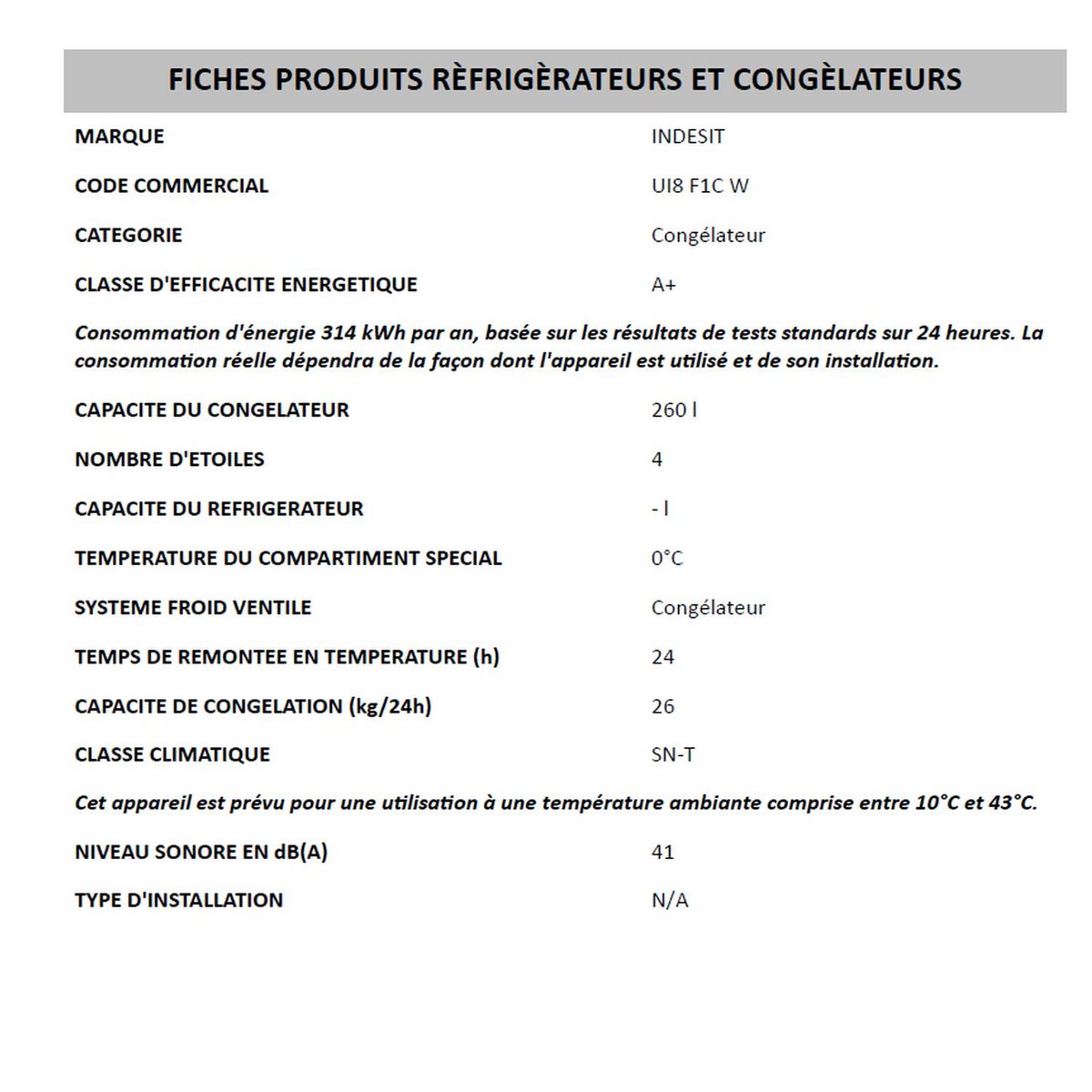 INDESIT Congélateur armoire UI8F1CW - 260 L, Froid No Frost
