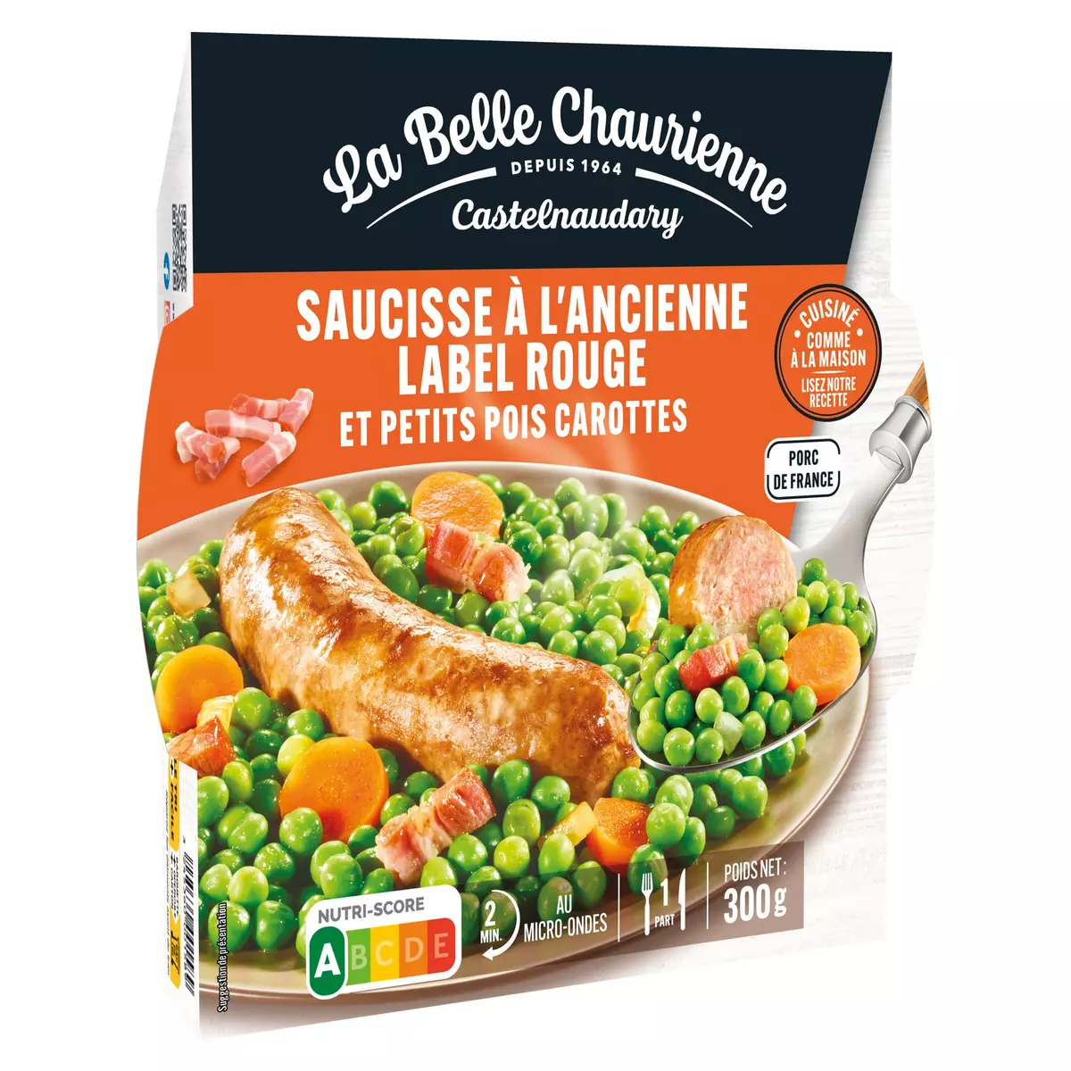 LA BELLE CHAURIENNE Saucisse à l'ancienne Label Rouge et petits pois carottes prêt en 2 min 1 portion 300g