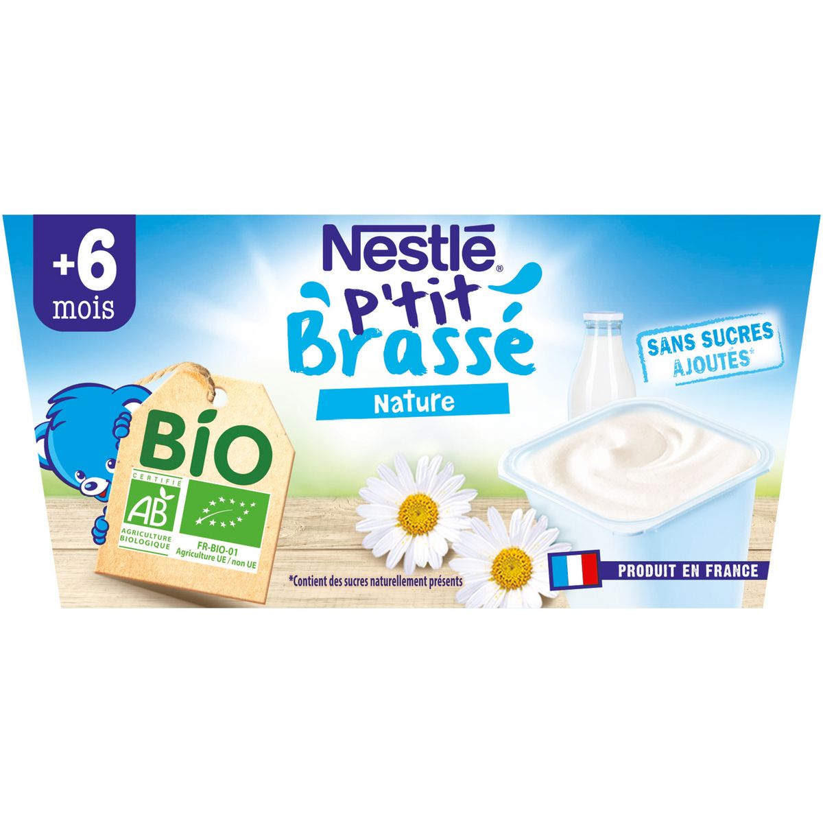 NESTLE P'tit brassé petit pot dessert lacté nature bio dès 6 mois 4x90g