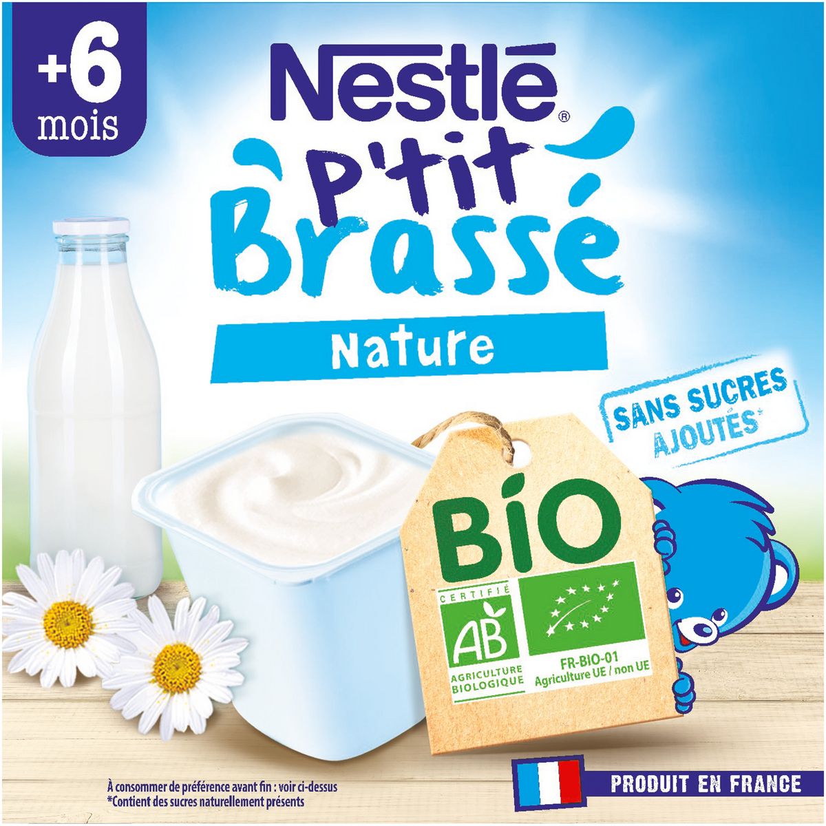 NESTLE P'tit brassé petit pot dessert lacté nature bio dès 6 mois 4x90g