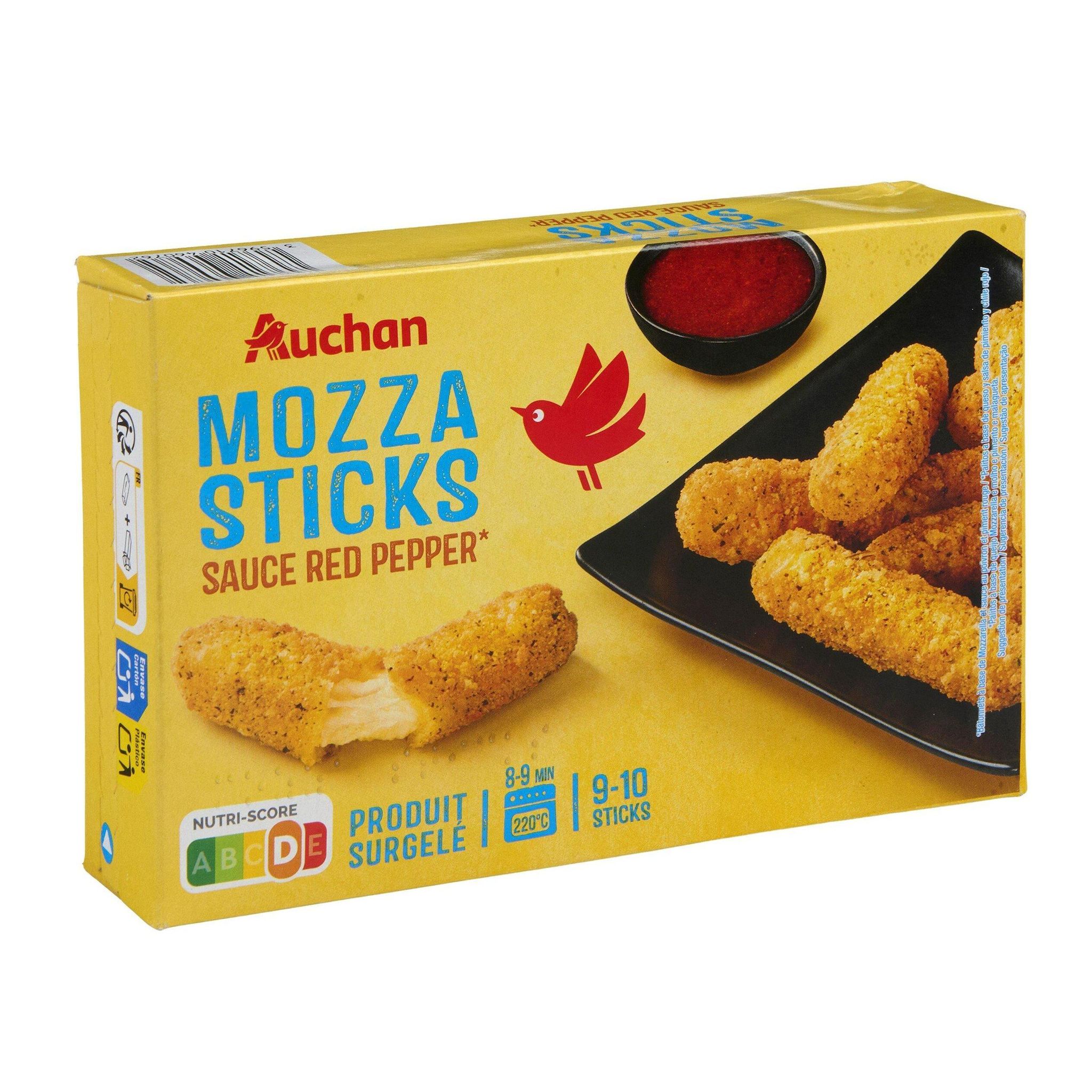 Voir la diapositive 2 : AUCHAN Bâtonnets de mozzarella préfrits sauce poivron rouge 10 pièces 250g