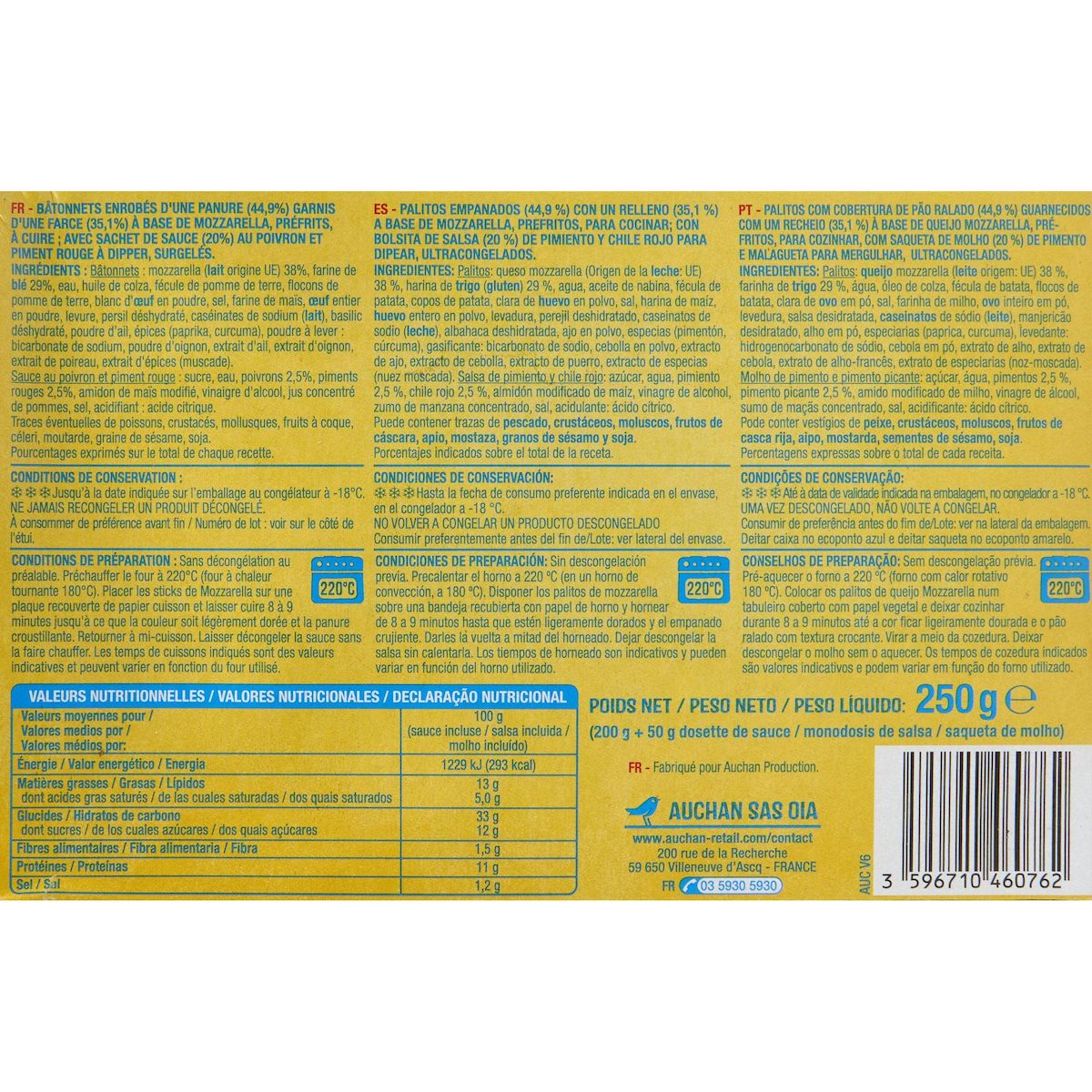 AUCHAN Bâtonnets de mozzarella préfrits sauce poivron rouge 10 pièces 250g