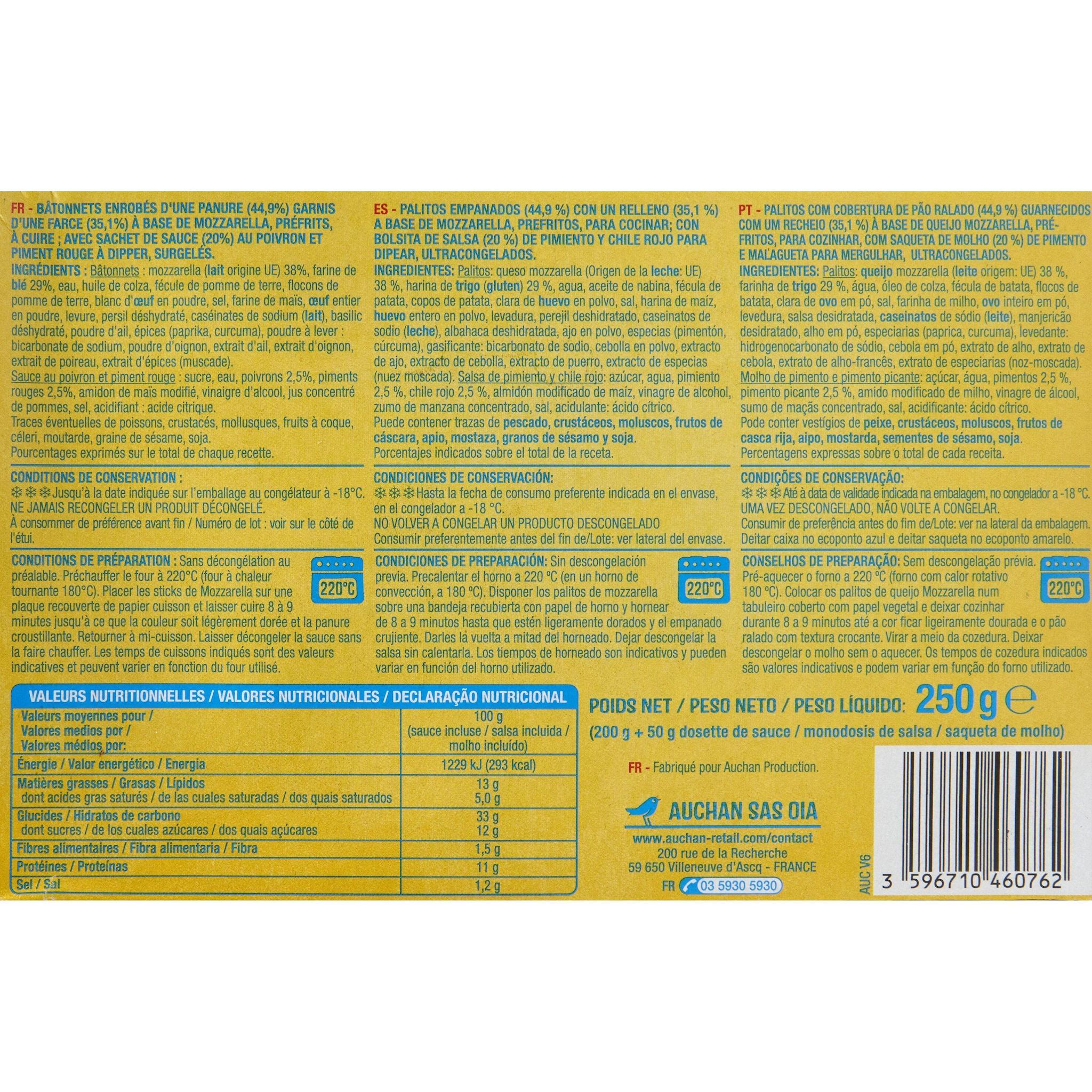 Voir la diapositive 3 : AUCHAN Bâtonnets de mozzarella préfrits sauce poivron rouge 10 pièces 250g