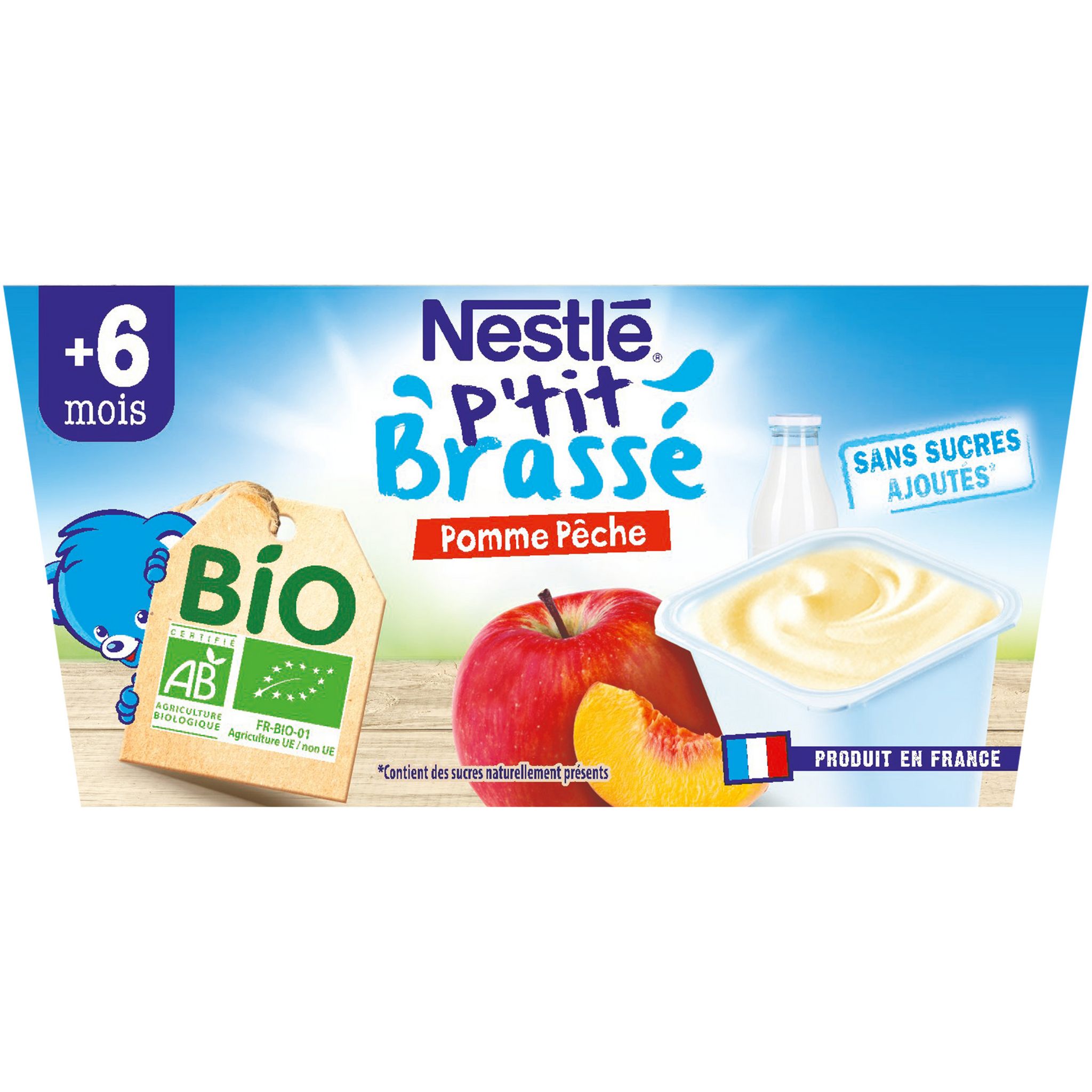 Voir la diapositive 2 : NESTLE P'tit brassé pot dessert lacté pomme et pêche bio dès 6 mois 4x90g