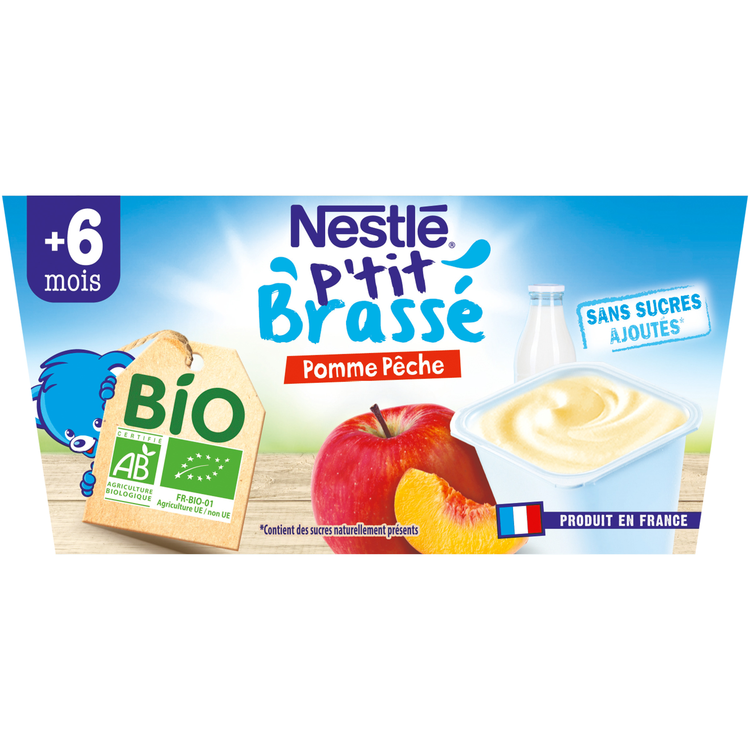 Voir la diapositive 3 : NESTLE P'tit brassé pot dessert lacté pomme et pêche bio dès 6 mois 4x90g