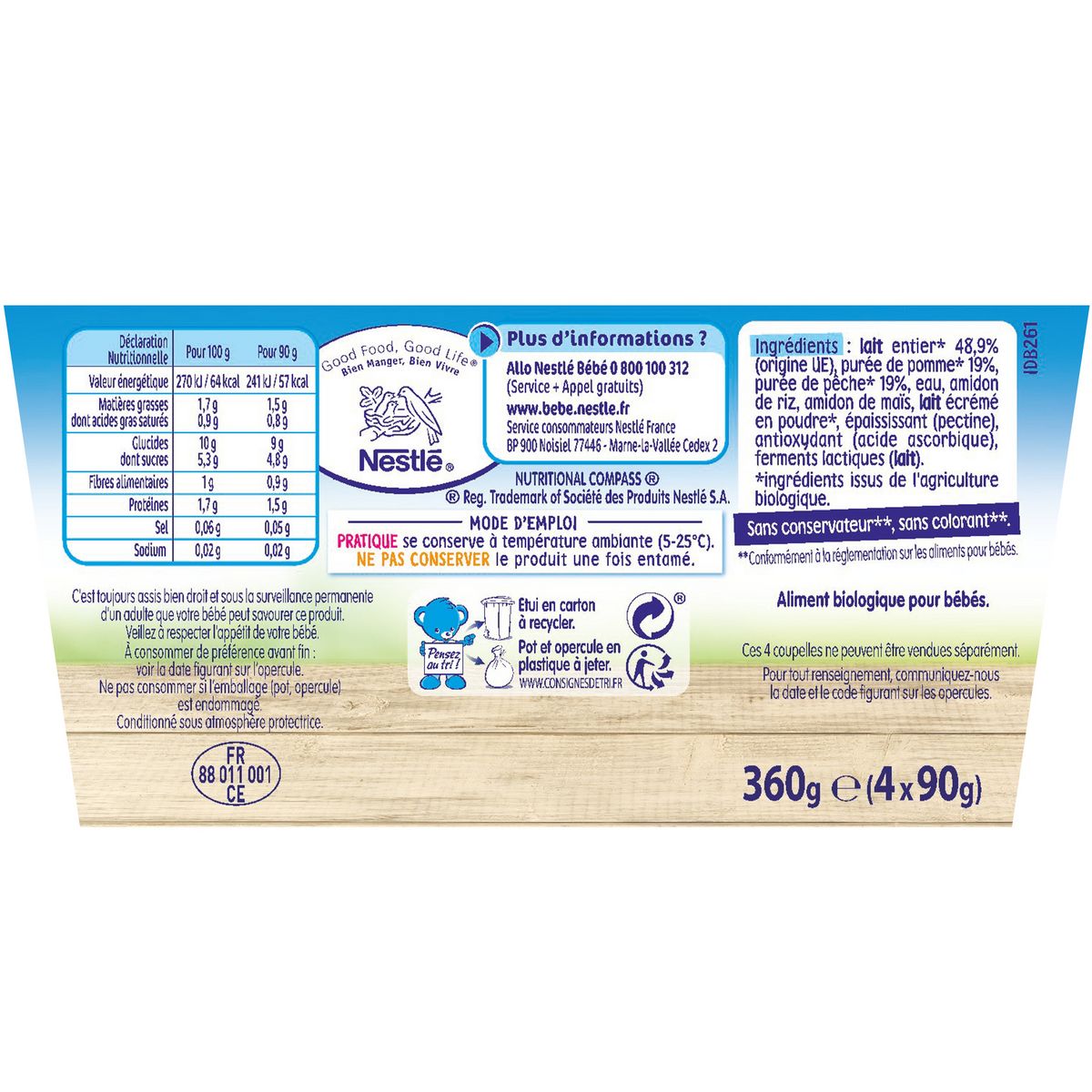 NESTLE P'tit brassé pot dessert lacté pomme et pêche bio dès 6 mois 4x90g