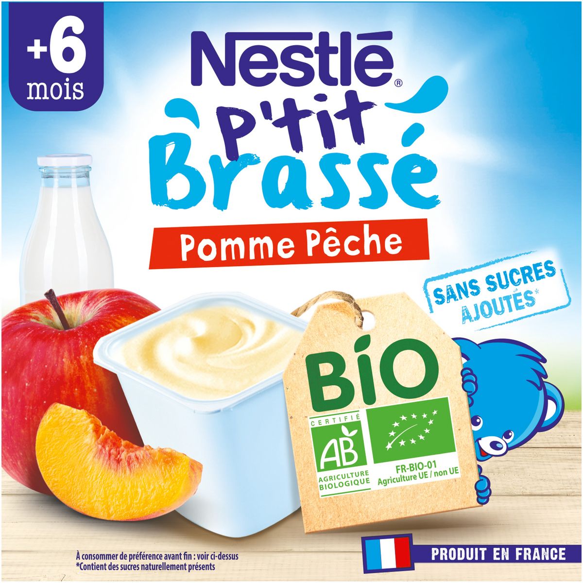 NESTLE P'tit brassé pot dessert lacté pomme et pêche bio dès 6 mois 4x90g