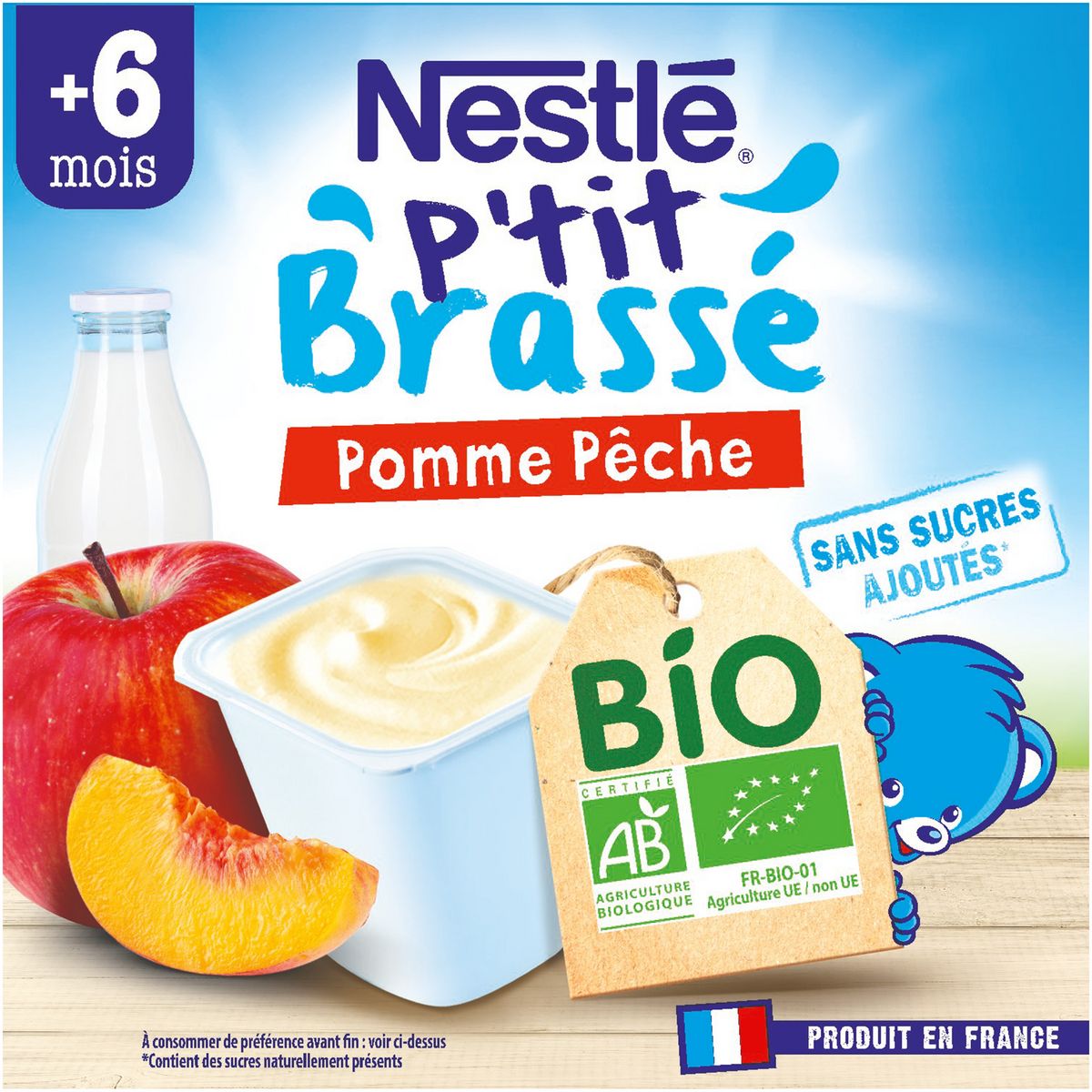 NESTLE P'tit brassé pot dessert lacté pomme et pêche bio dès 6 mois 4x90g