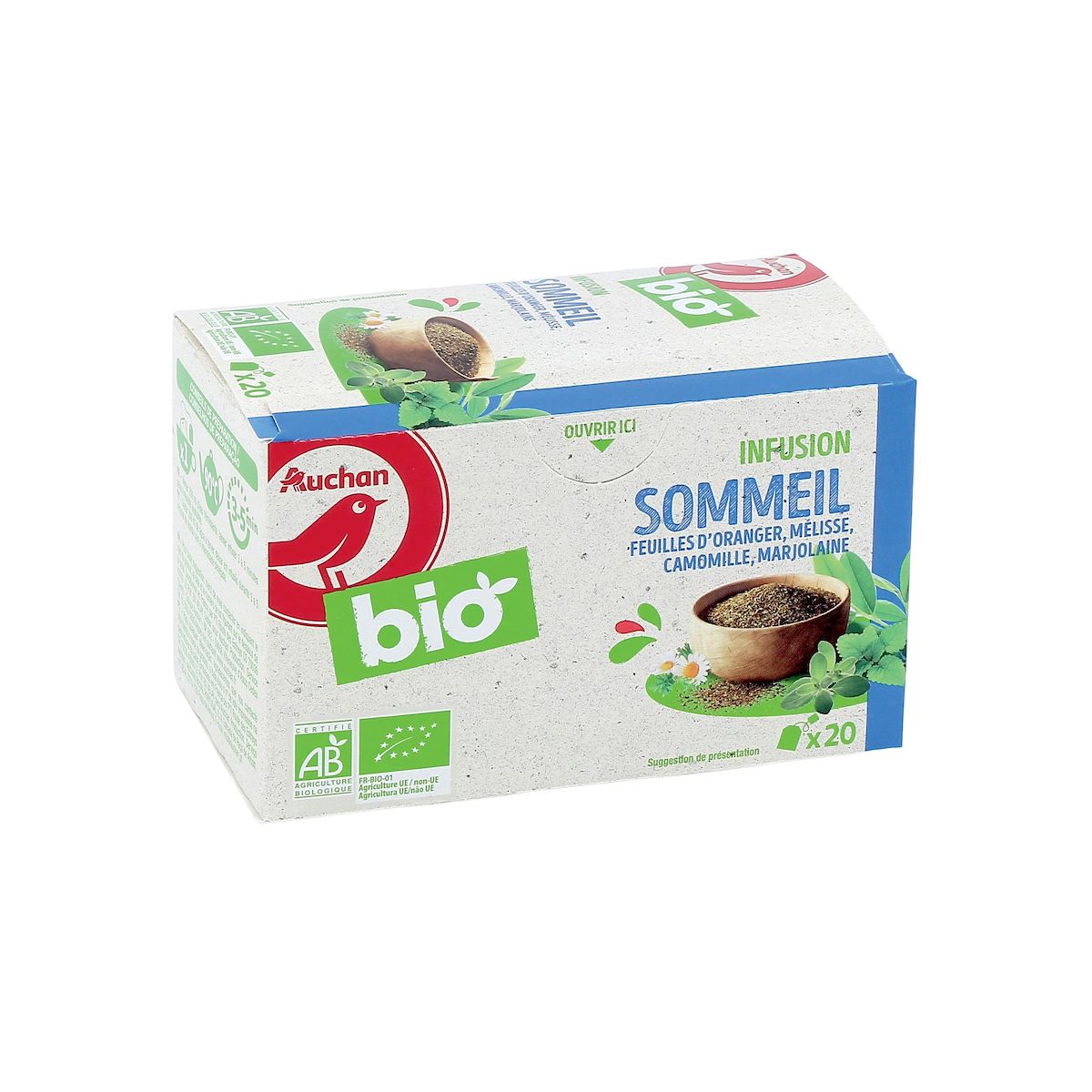 AUCHAN BIO Infusion sommeil feuilles d'oranger mélisse marjolaine 20 sachets 30g