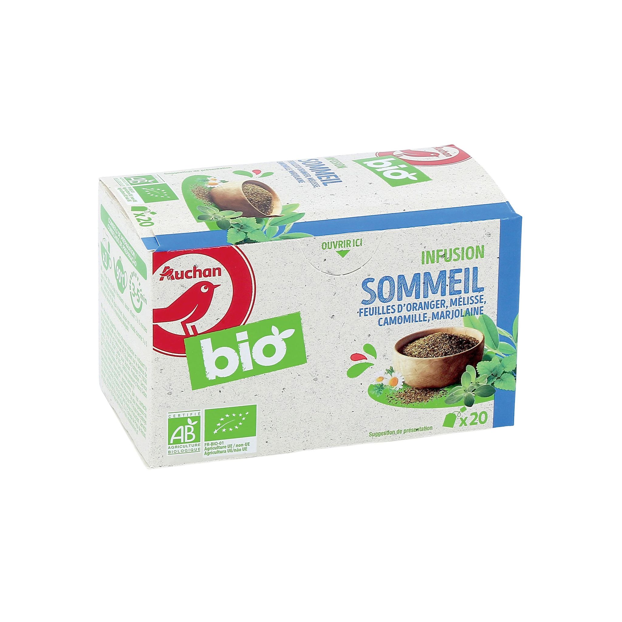 Voir la diapositive 2 : AUCHAN BIO Infusion sommeil feuilles d'oranger mélisse marjolaine 20 sachets 30g