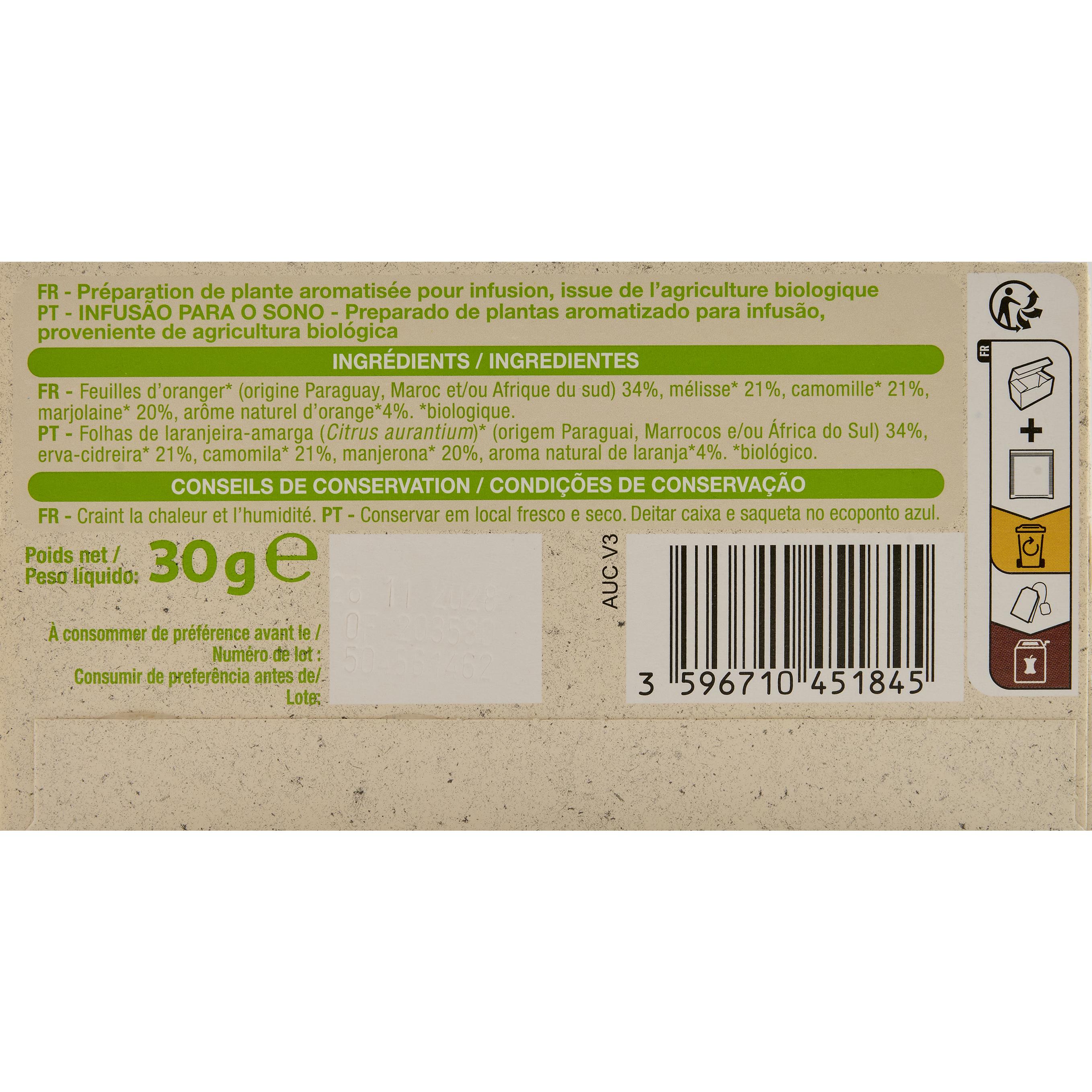 Voir la diapositive 3 : AUCHAN BIO Infusion sommeil feuilles d'oranger mélisse marjolaine 20 sachets 30g