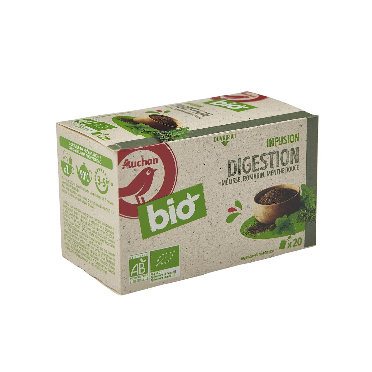 AUCHAN BIO Infusion digestion mélisse romarin menthe douce 20 sachets 30g