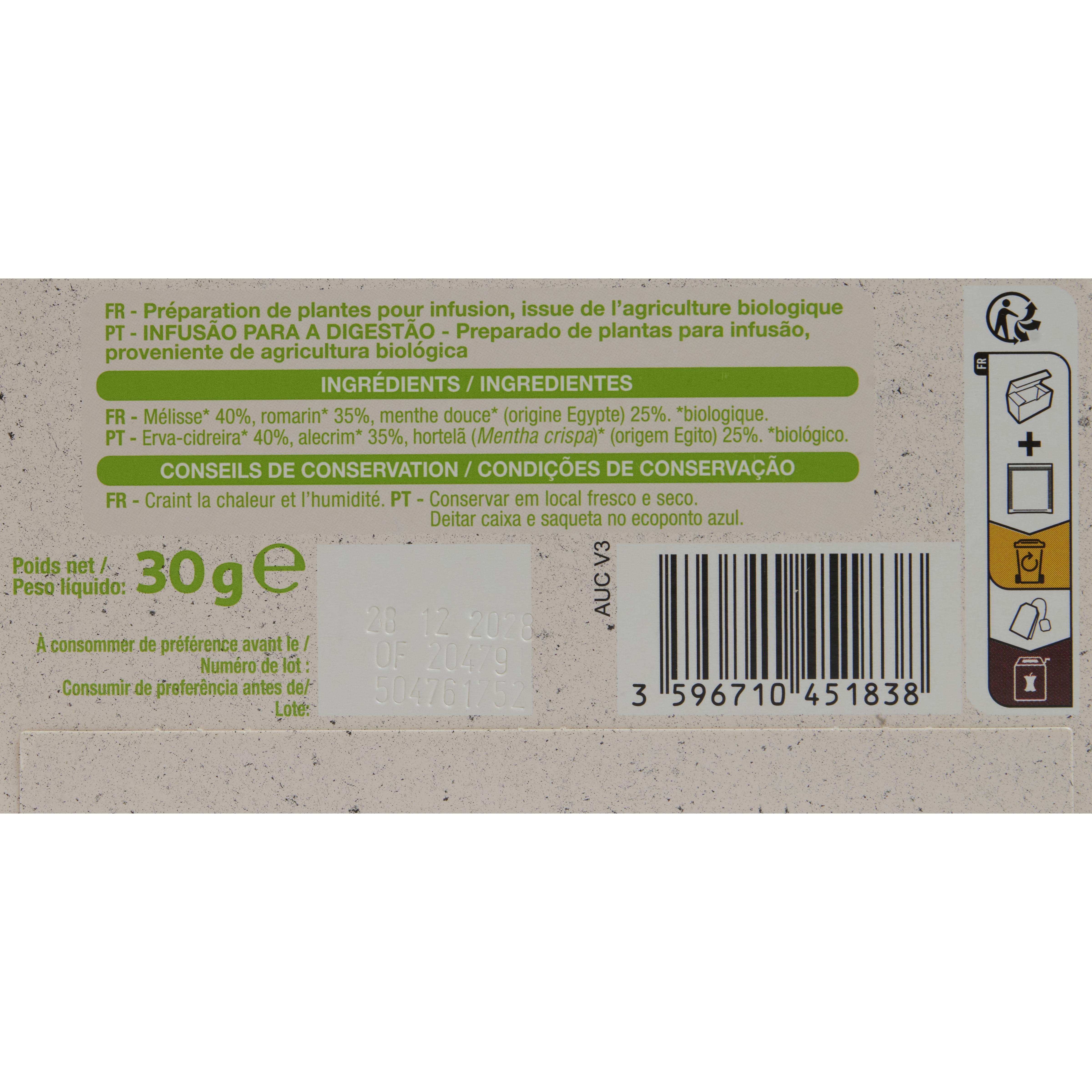 Voir la diapositive 3 : AUCHAN BIO Infusion digestion mélisse romarin menthe douce 20 sachets 30g