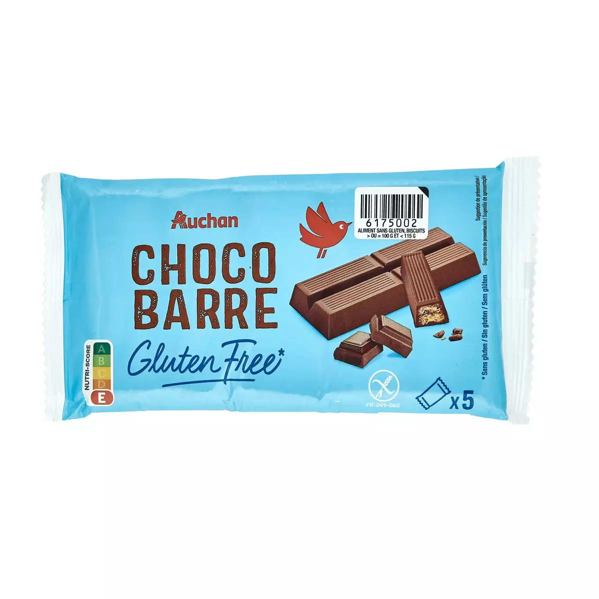 AUCHAN Barre de chocolat sans gluten 5 pièces 107g