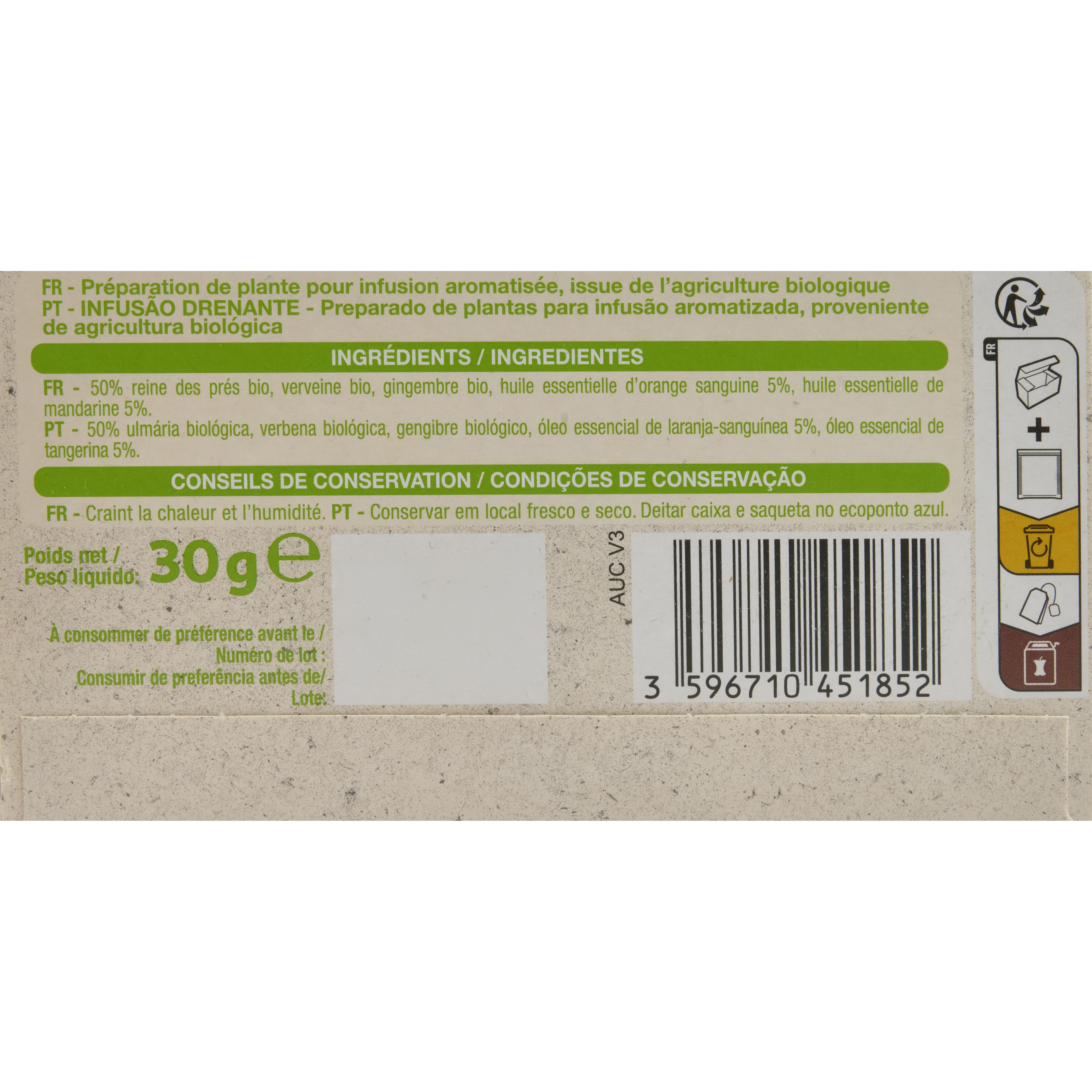 Voir la diapositive 2 : AUCHAN BIO Infusion drainante reine des prés framboisier et pissenlits 20 sachets 30g