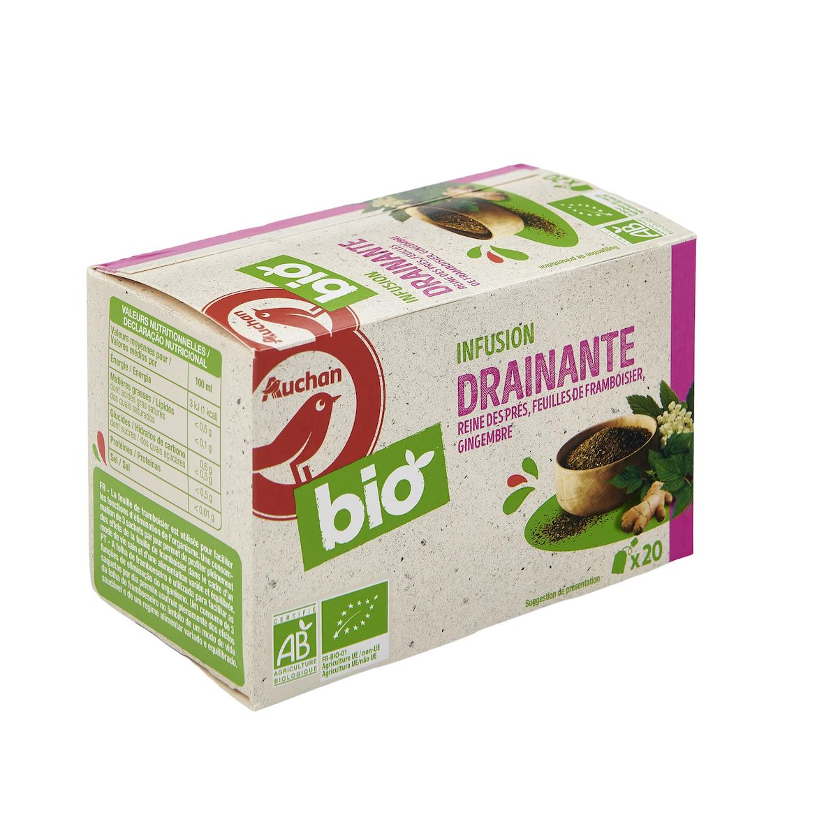 AUCHAN BIO Infusion drainante reine des prés framboisier et pissenlits 20 sachets 30g