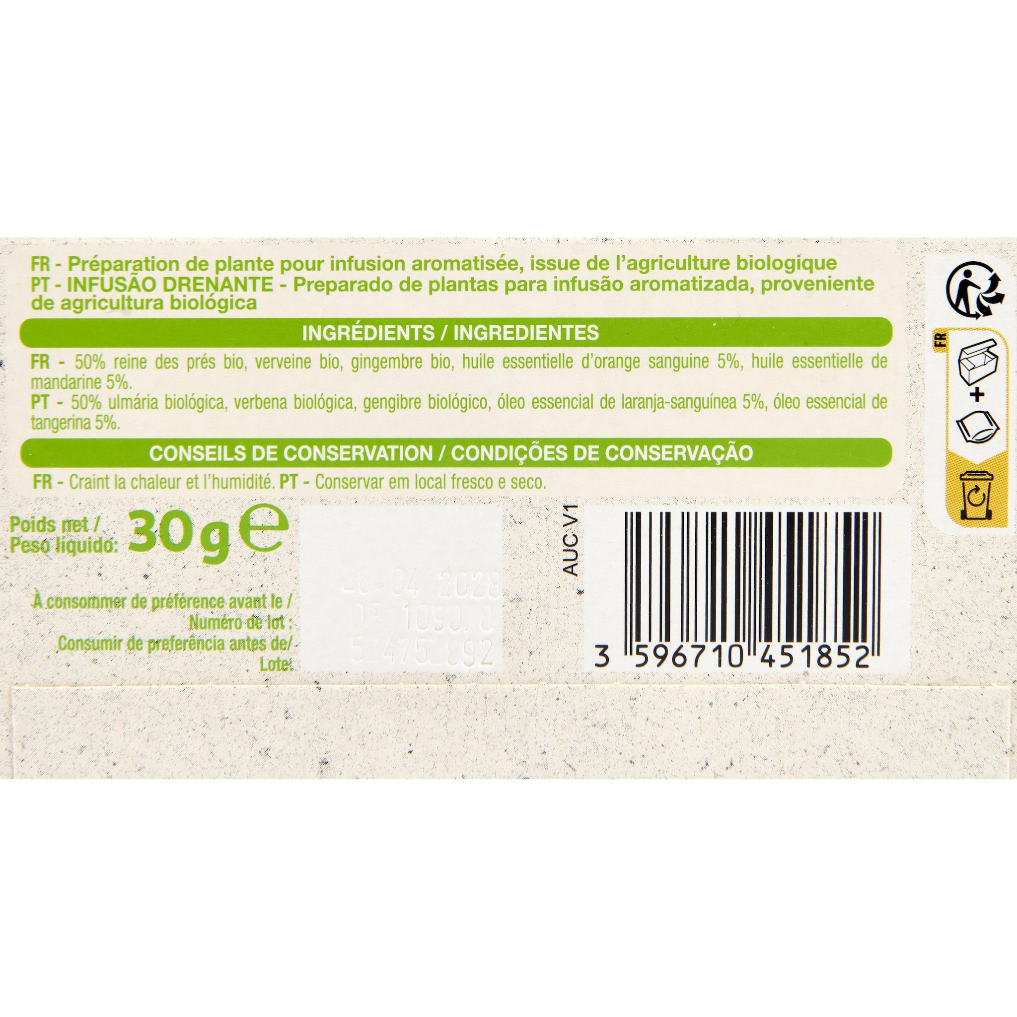 Voir la diapositive 2 : AUCHAN BIO Infusion drainante reine des prés framboisier et pissenlits 20 sachets 30g