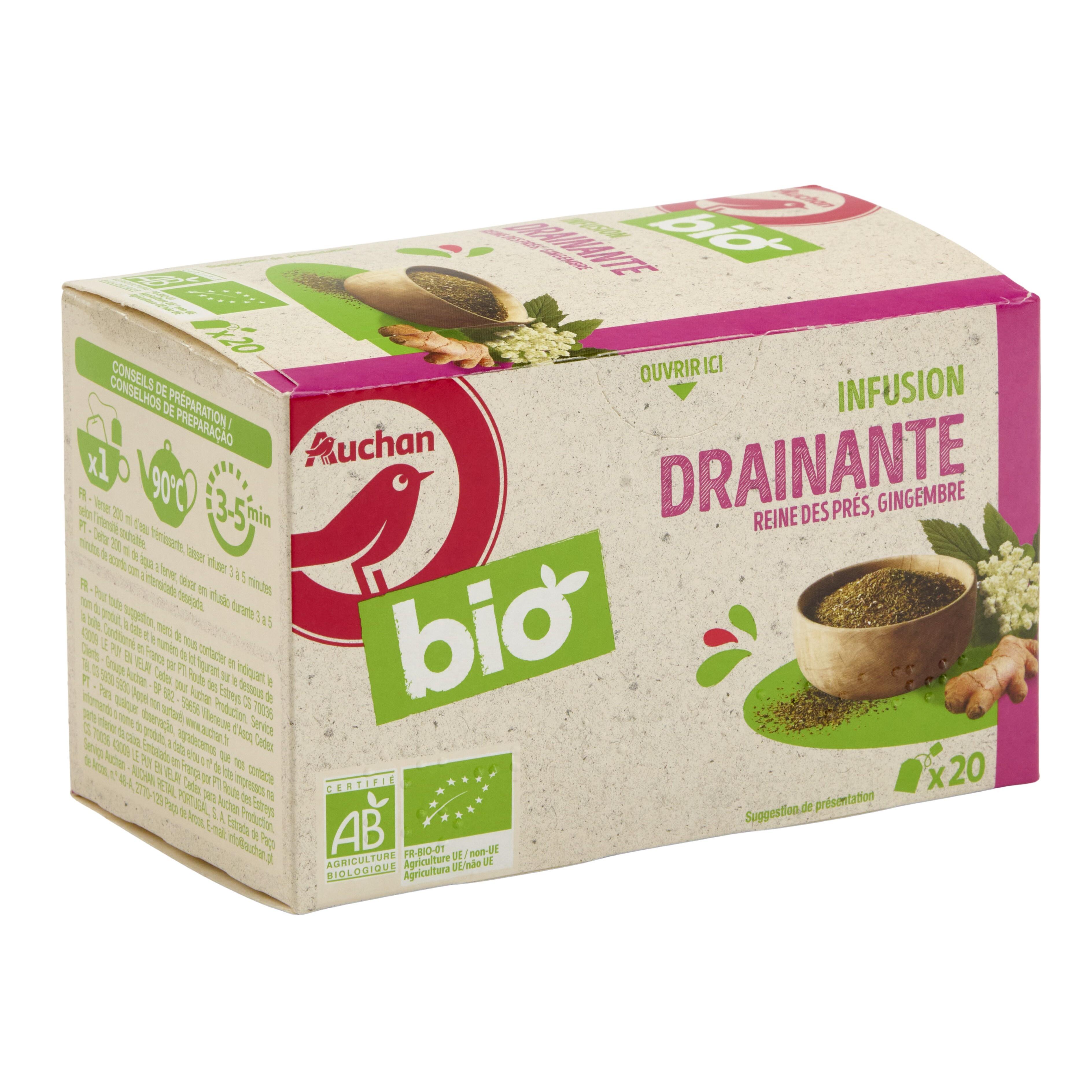 Voir la diapositive 3 : AUCHAN BIO Infusion drainante reine des prés framboisier et pissenlits 20 sachets 30g