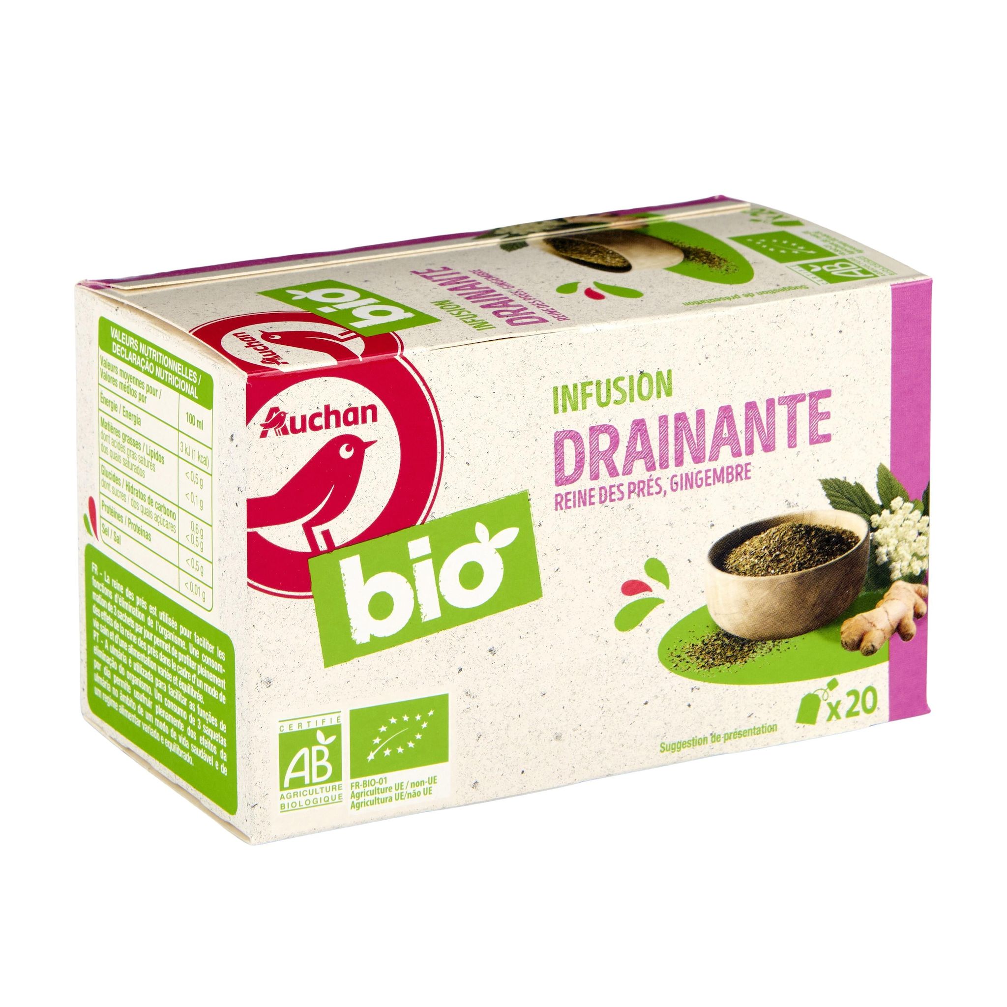Voir la diapositive 4 : AUCHAN BIO Infusion drainante reine des prés framboisier et pissenlits 20 sachets 30g