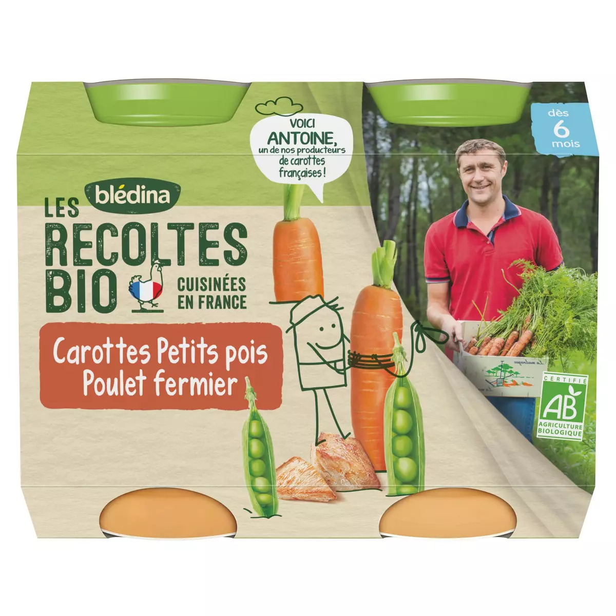 BLEDINA Les récoltes bio petit pot carotte petits pois poulet fermier bio dès 6 mois 2x200g