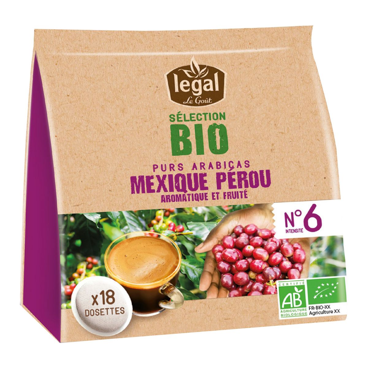 LEGAL Bio Dosettes de café pur arabica n°6 18 dosettes 125g